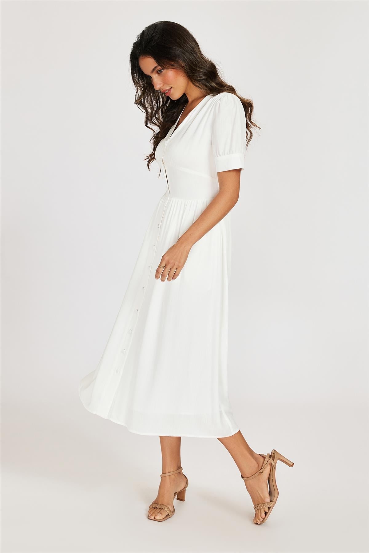 FS Collection Button Front Short Sleeve Midi Dress In White