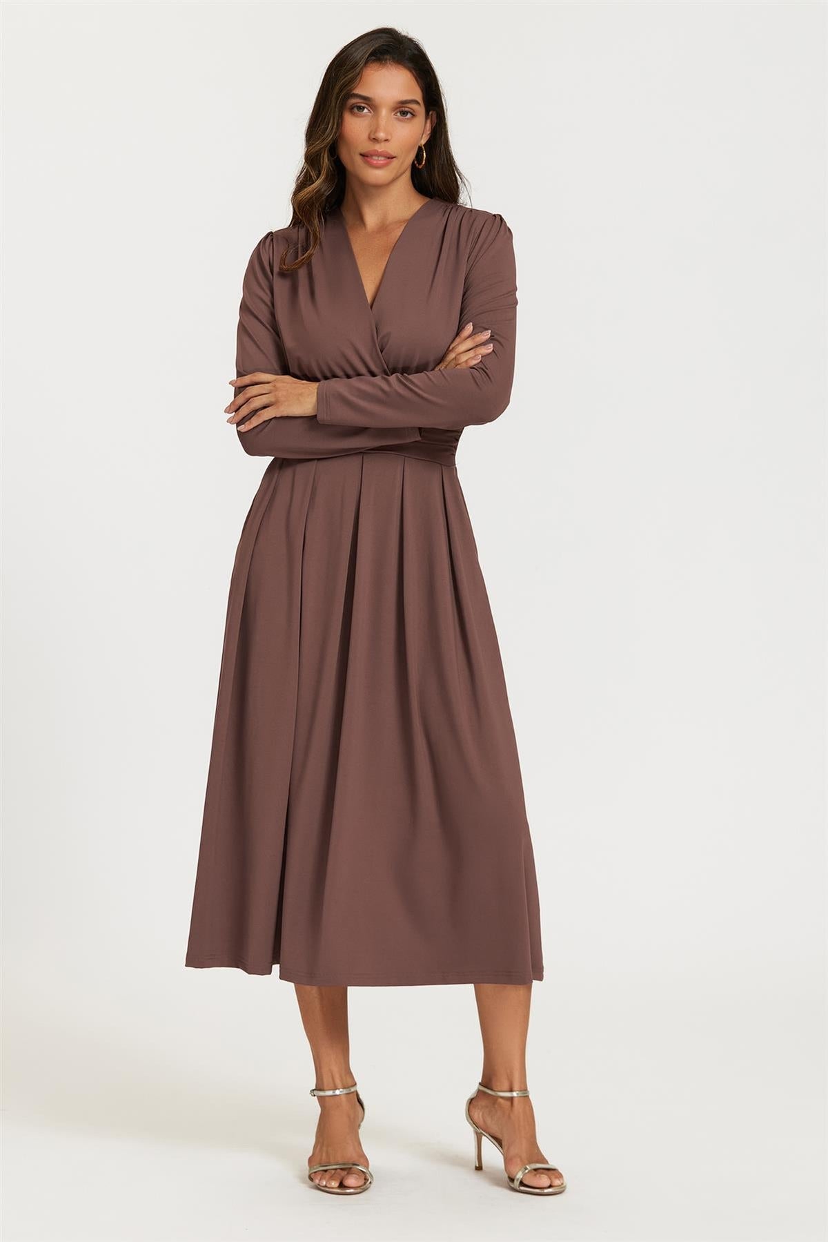 FS Collection Jersey Long Sleeve Brown Midi Dress