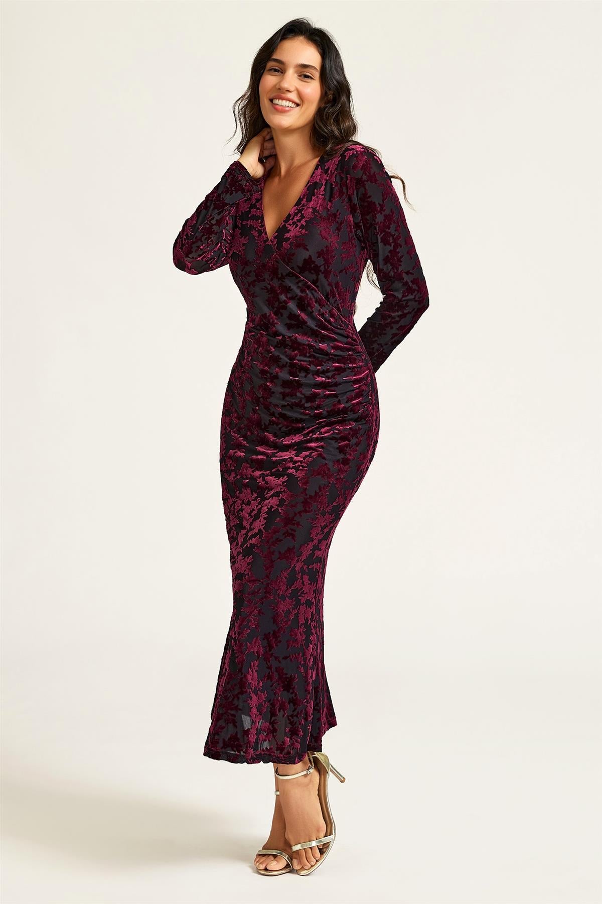 FS Collection Wine Floral Velvet Devore Long Sleeve Wrap Midi Dress