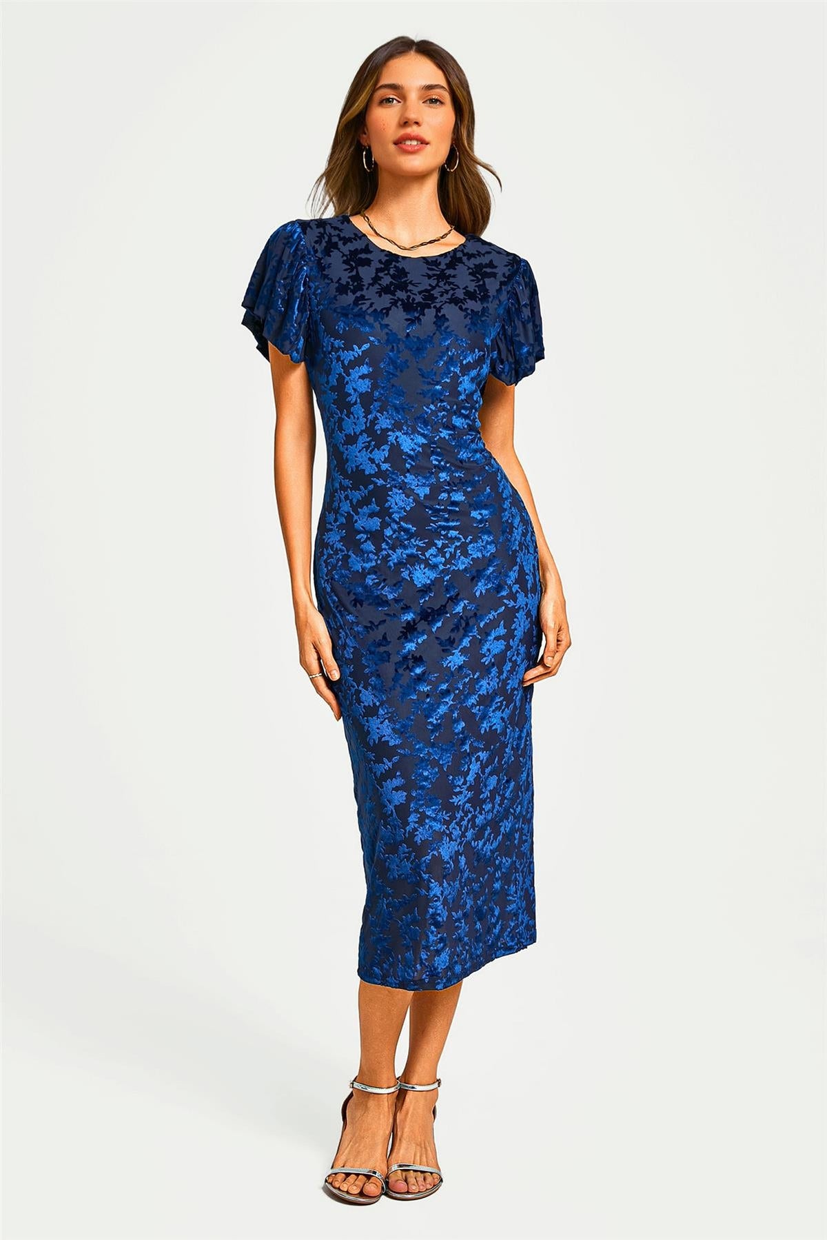 Floral Velvet Devore Puff Sleeve Bodycon Midi Dress In Navy