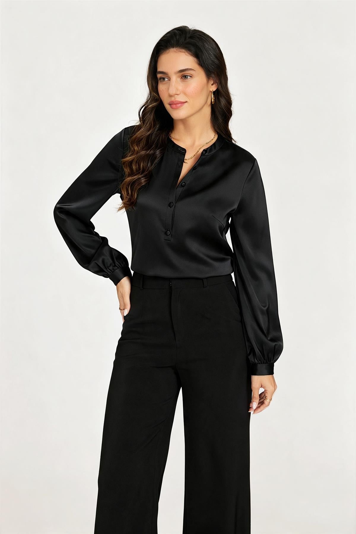 Long Sleeve Satin Blouse Top In Black