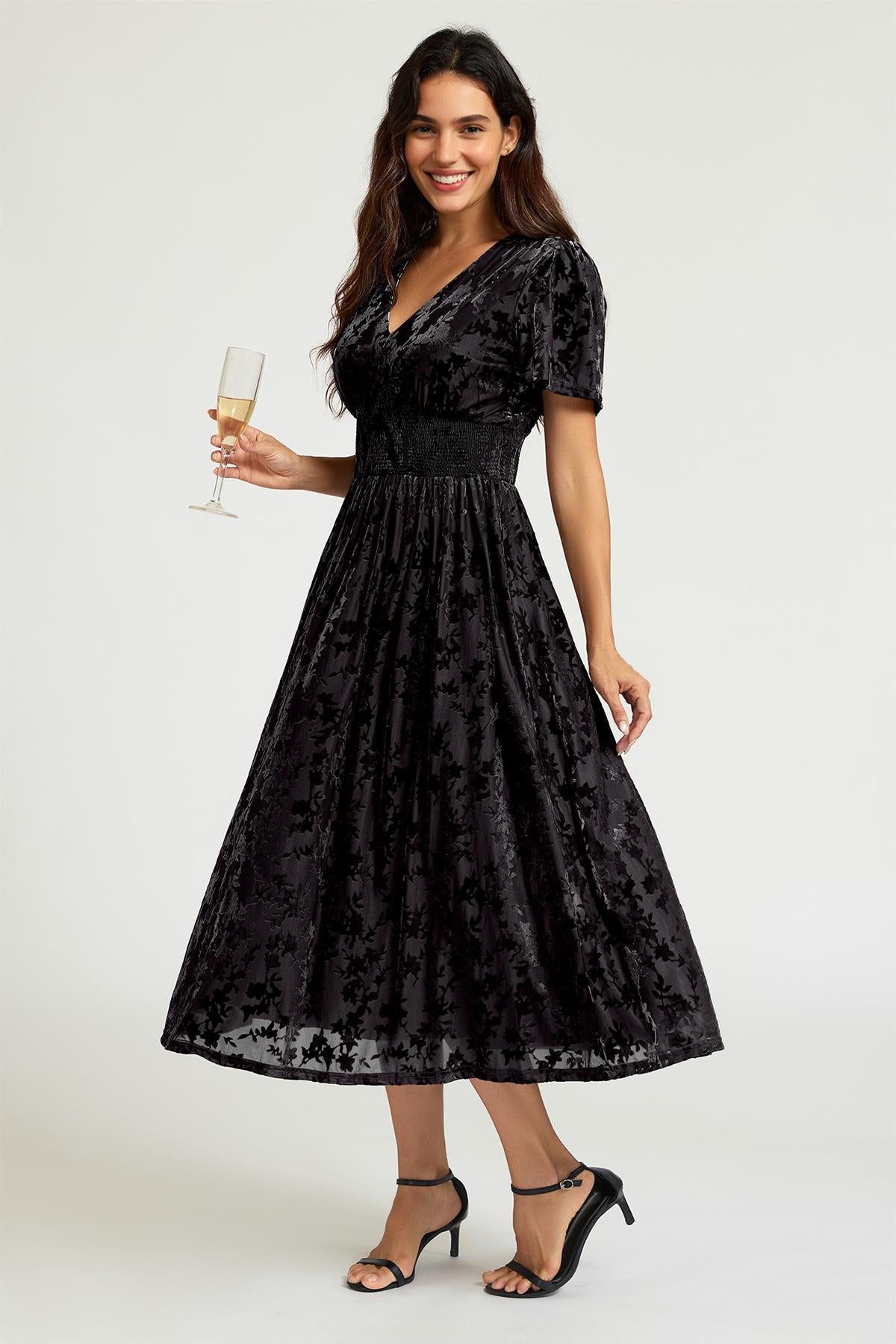FS Collection Black Velvet Burnout V-Neck Angel Sleeve Midi Dress