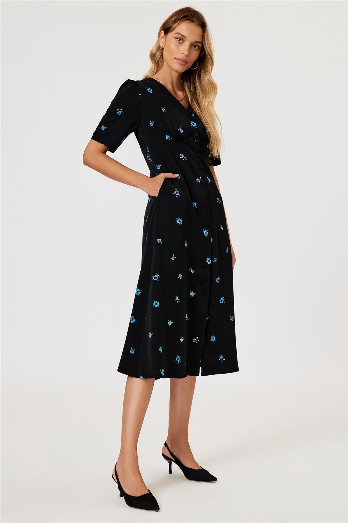 FS Collection Black & Blue Floral Print Button Front Midi Dress
