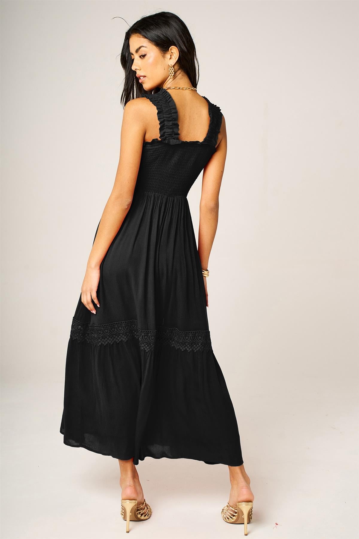 Lace Detail Tiered Maxi Dress In Black