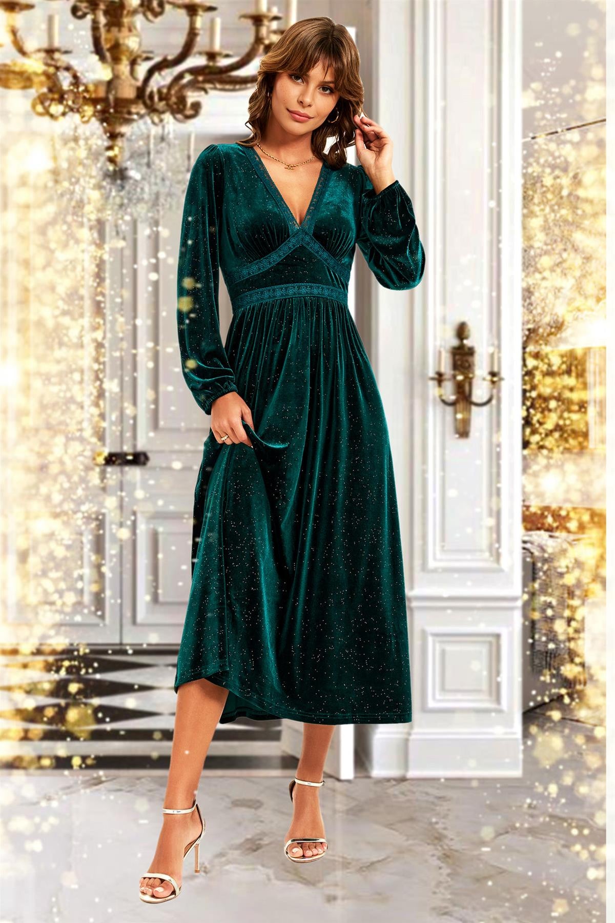 Silver Foil Velvet Lace Trim Neckline Midi Dress In Green