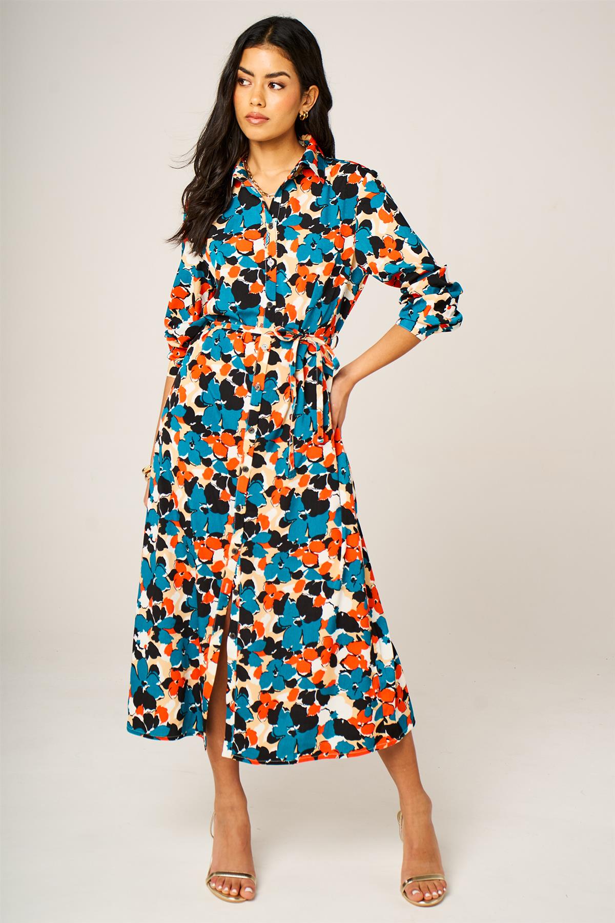 Floral Print Shirt Midi Dress In Multi