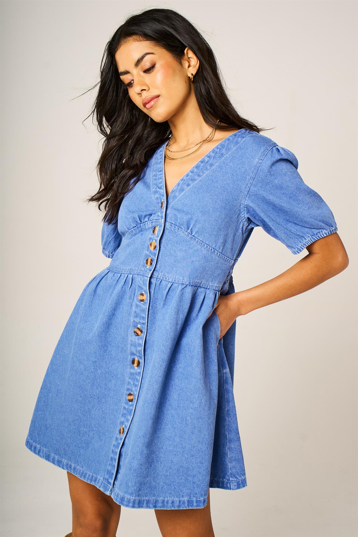 FS Collection Puff Sleeve Button Down Denim Mini Dress In Light Blue