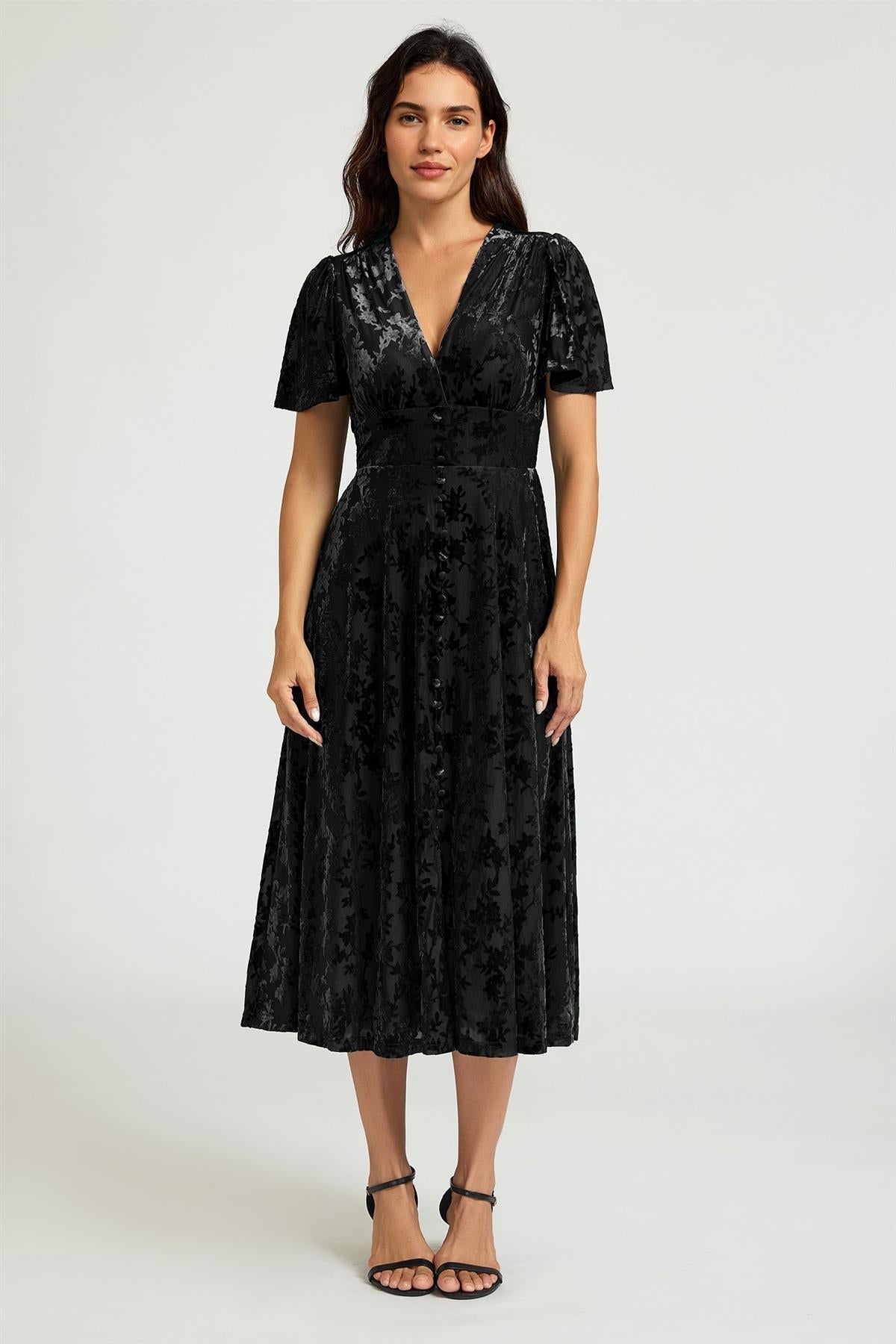 FS Collection Floral Black Velvet Devore V neckline Dress