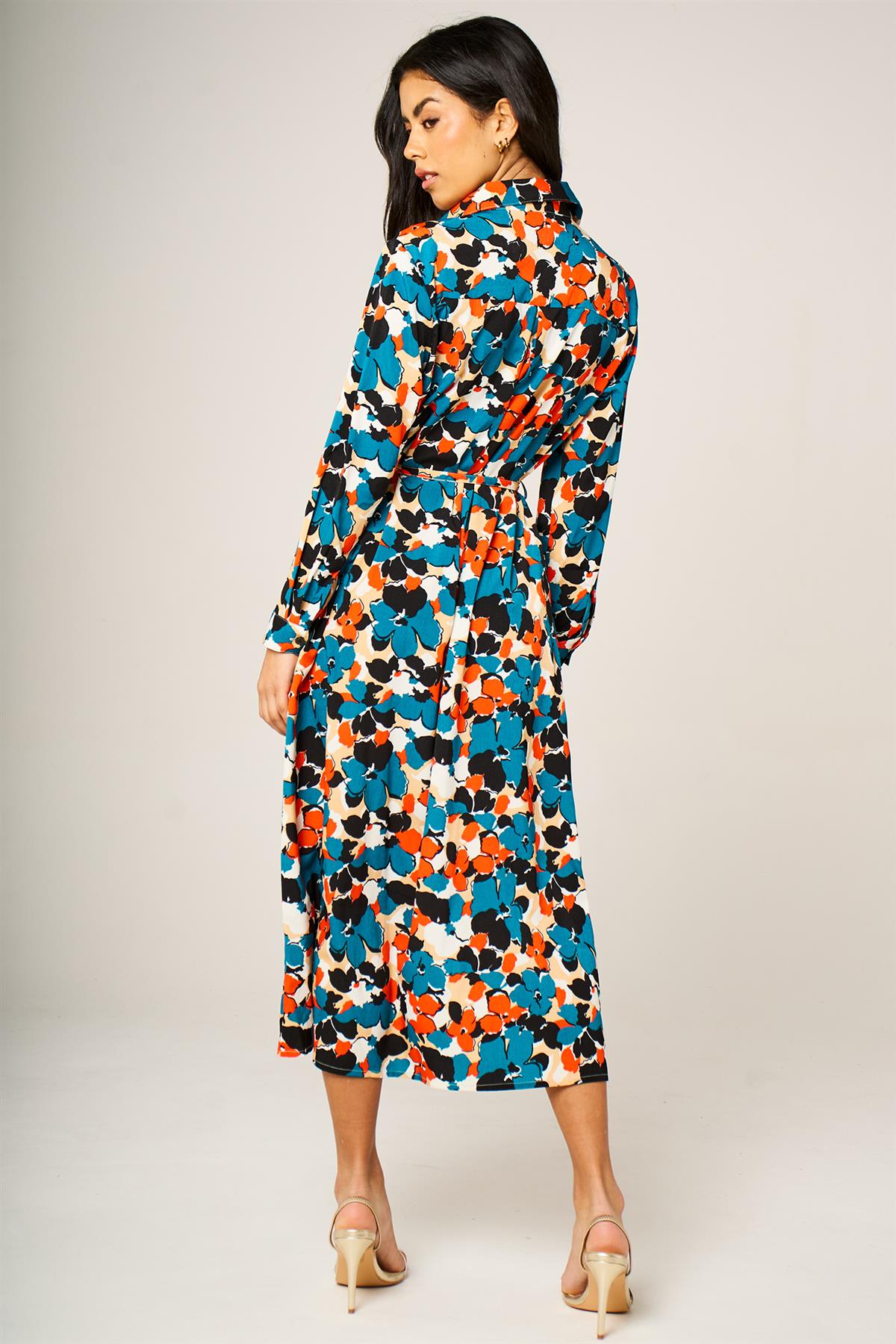 Floral Print Shirt Midi Dress In Multi