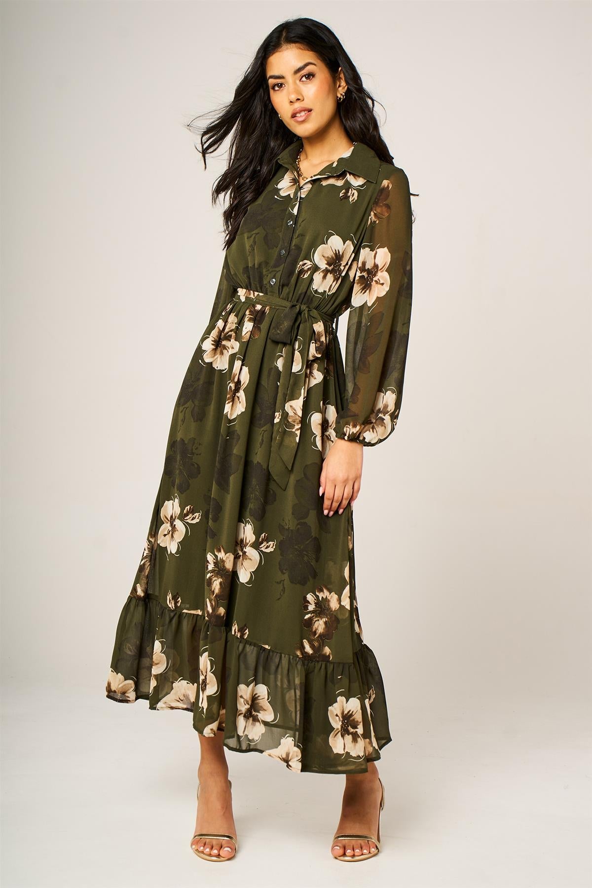 Large Floral Print Hem Detail Shirt Midi Dress With Tie Waist In Olive Green