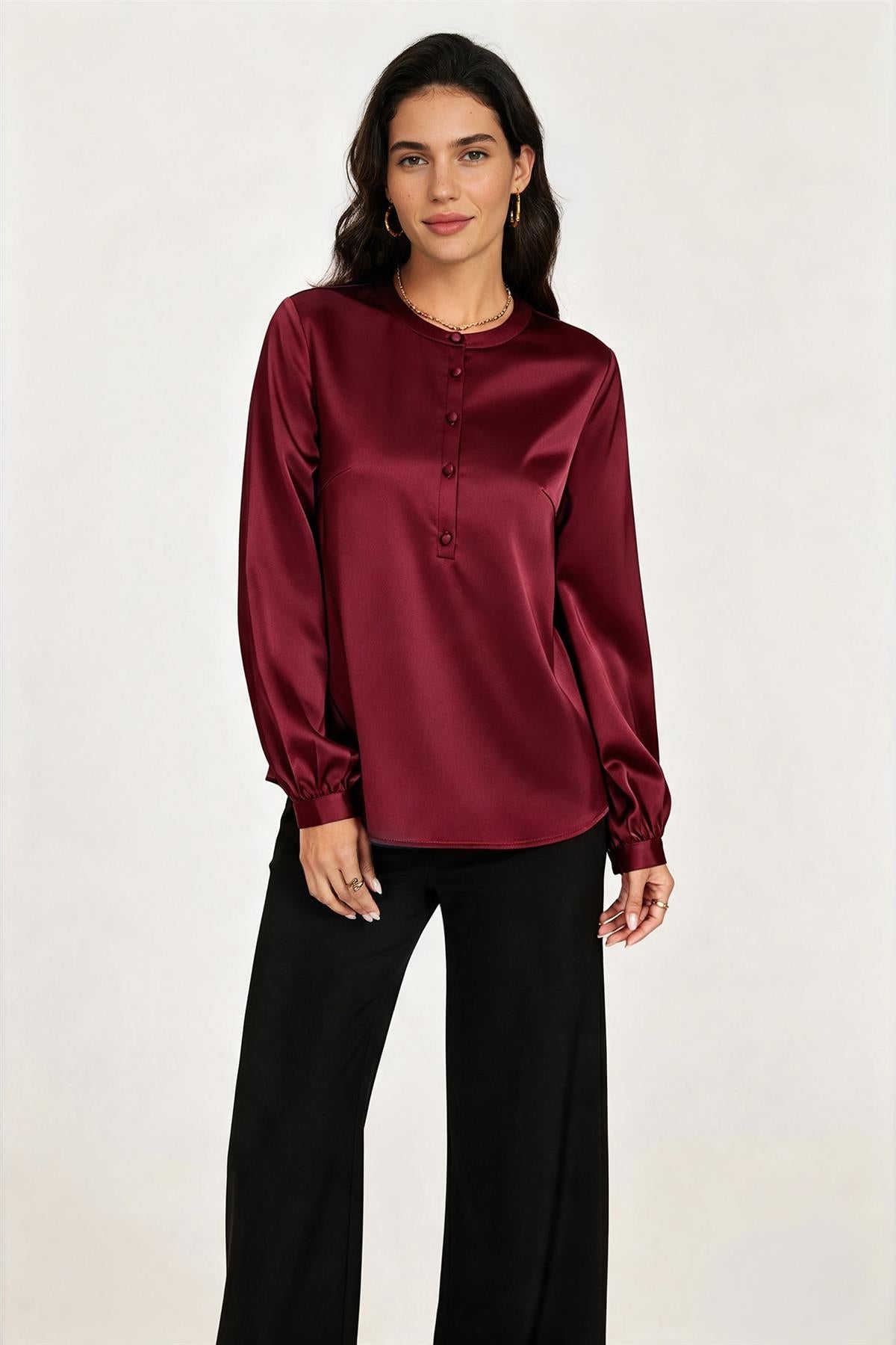 Long Sleeve Satin Blouse Top In Wine
