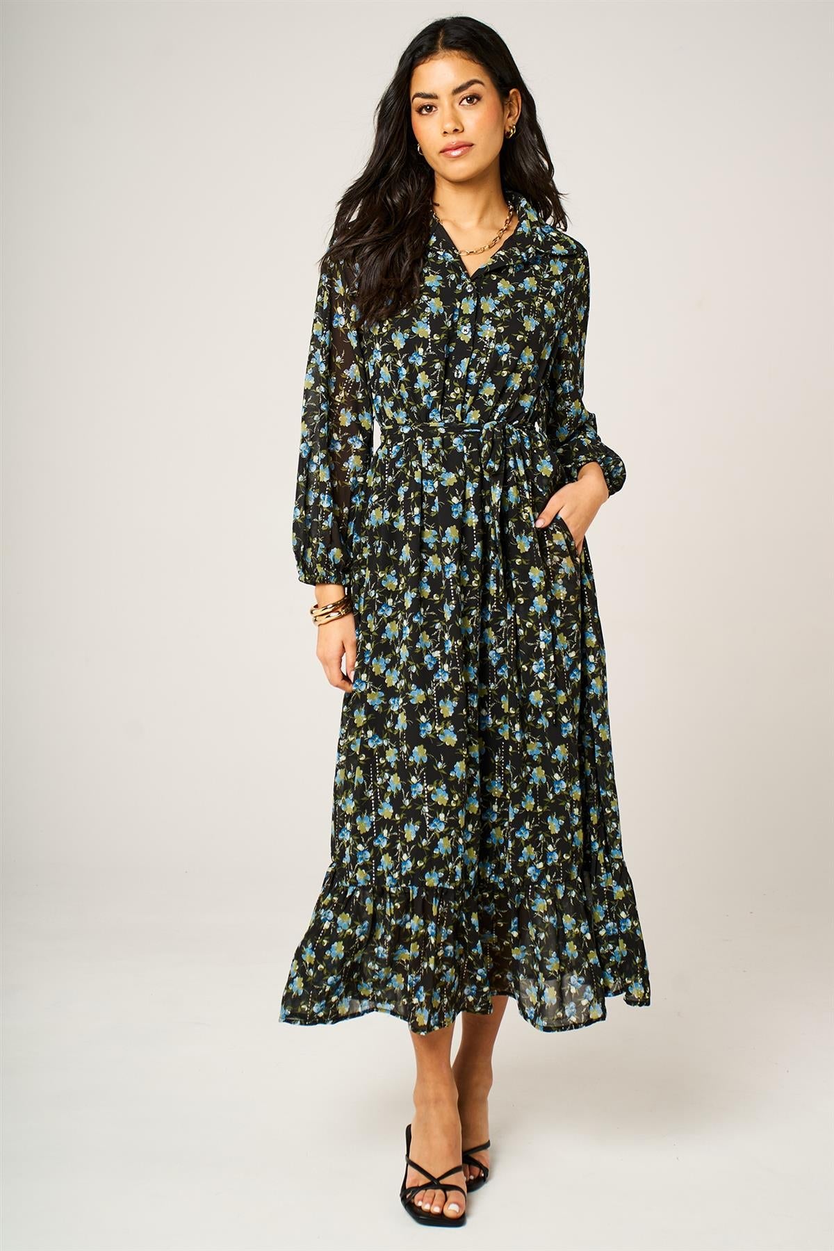 Floral Print Hem Detail Shirt Midi Dress With Tie Waist In Black