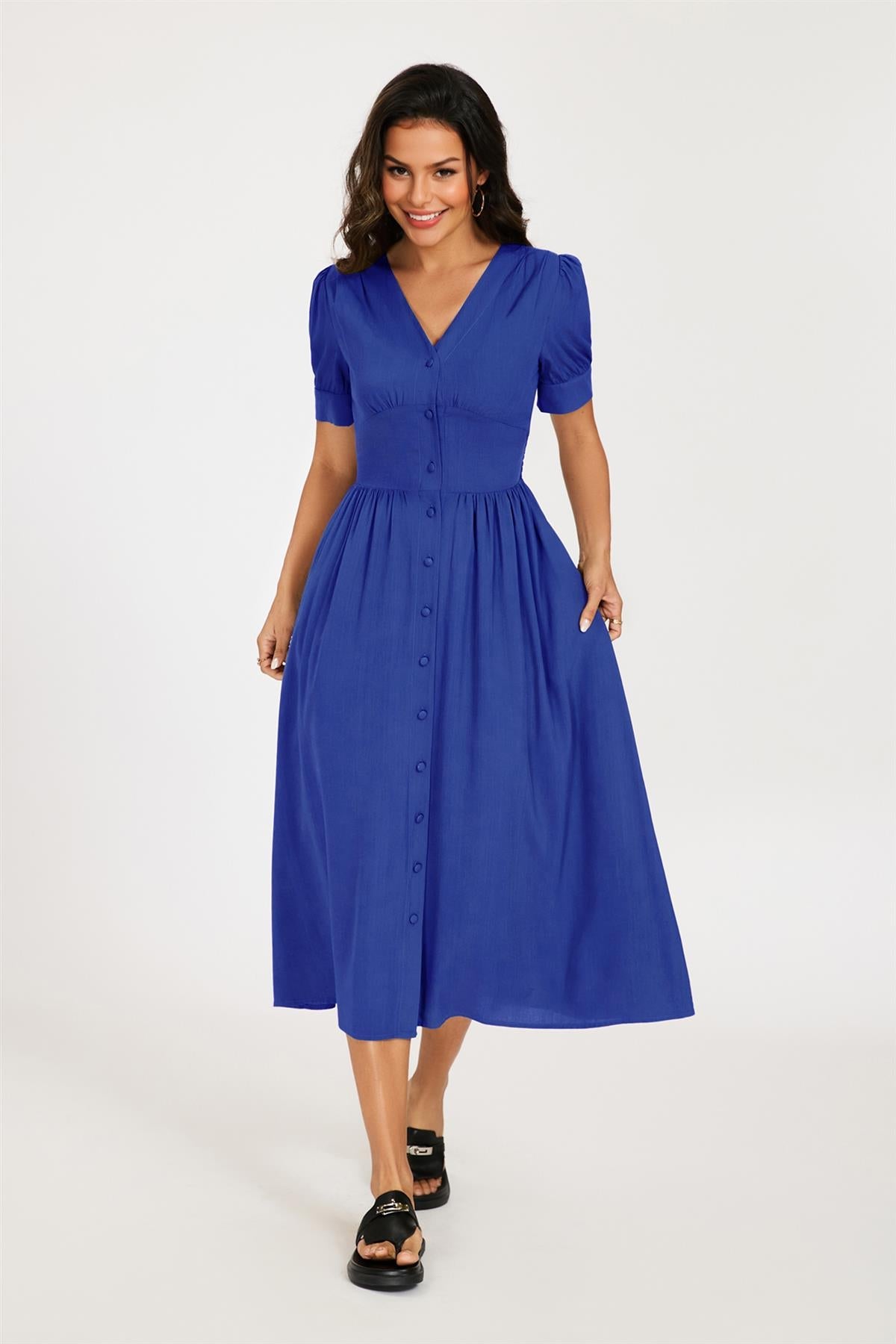FS Collection Button Front Short Sleeve Midi Dress In Blue