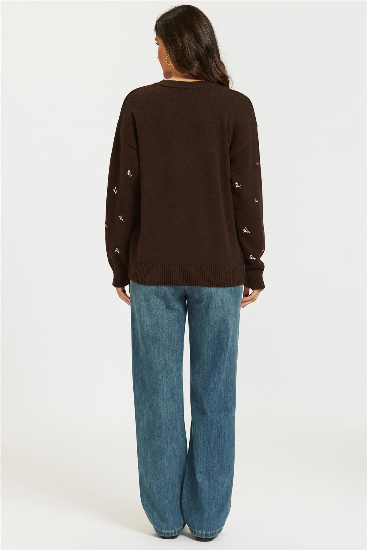 FS Collection Embroidered Floral Knit Jumper Top In Brown