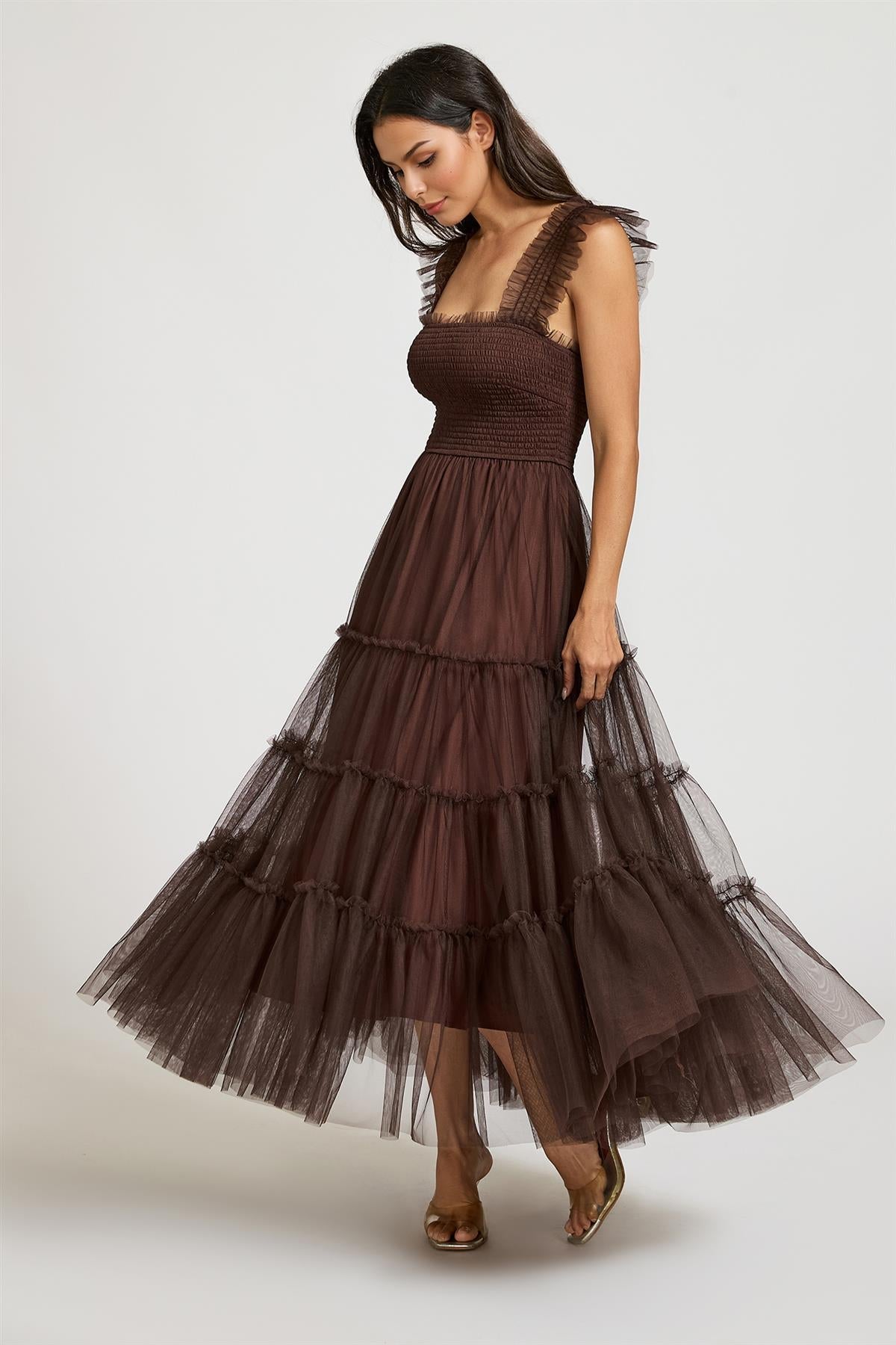 FS Collection Sleeveless Smocked Ruffle Tulle Dress In Brown