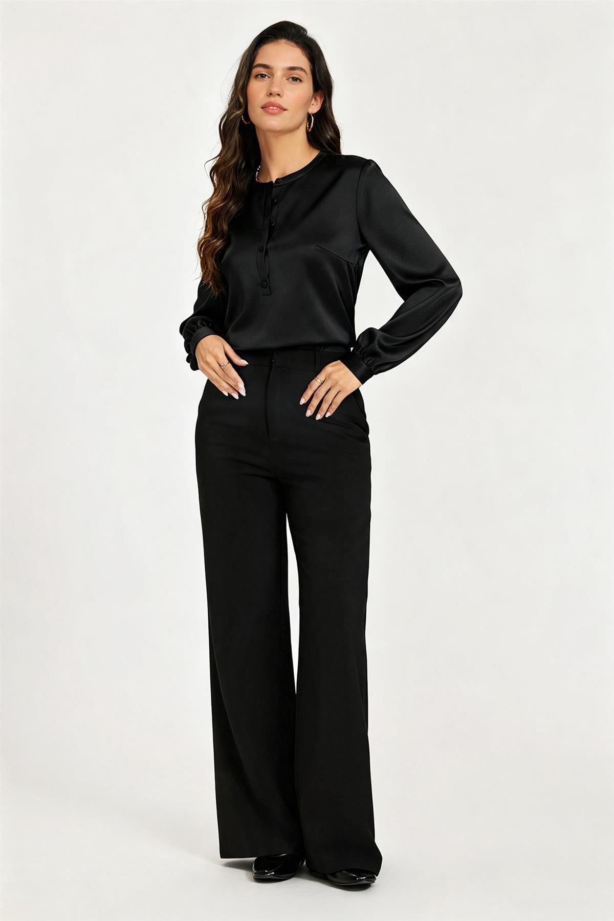Long Sleeve Satin Blouse Top In Black