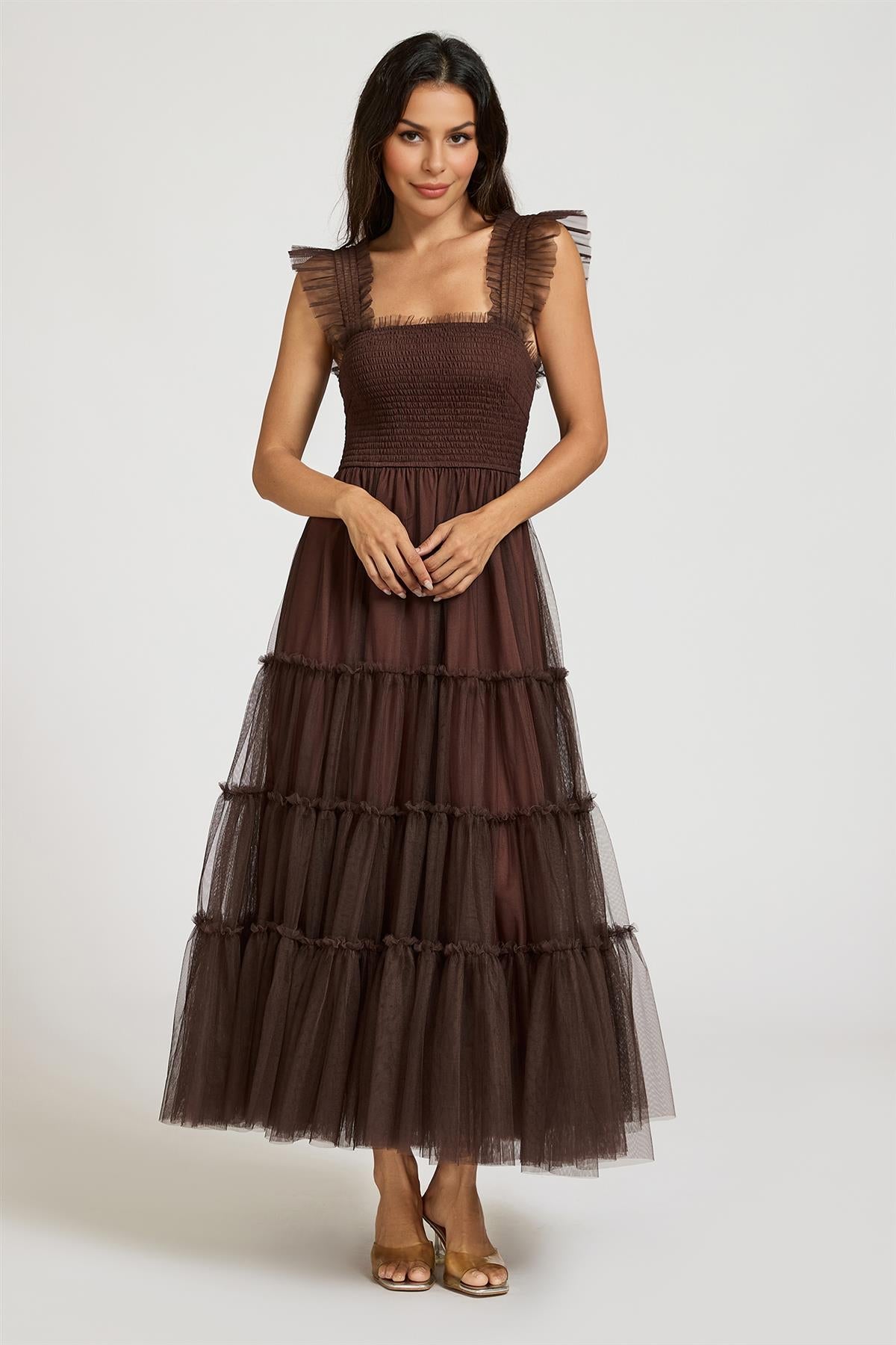 FS Collection Sleeveless Smocked Ruffle Tulle Dress In Brown