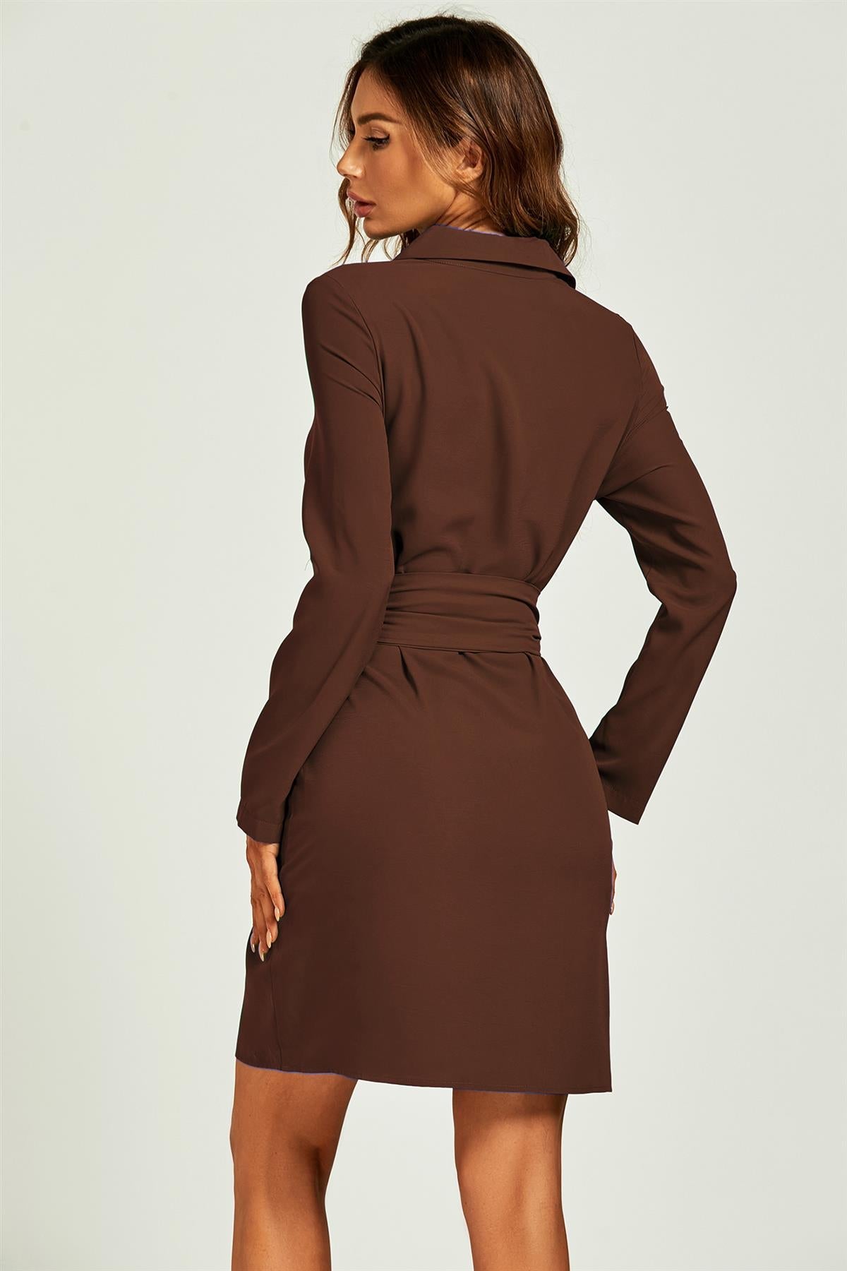 FS Collection Shirt Wrap Tie Mini Dress In Brown