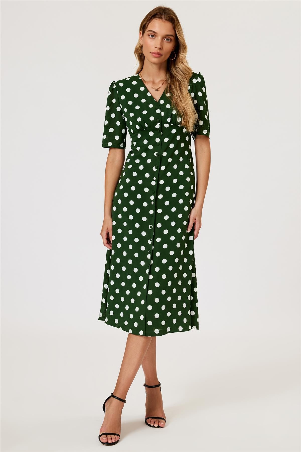 FS Collection Polka Dot Print Button Front Midi Dress In Green