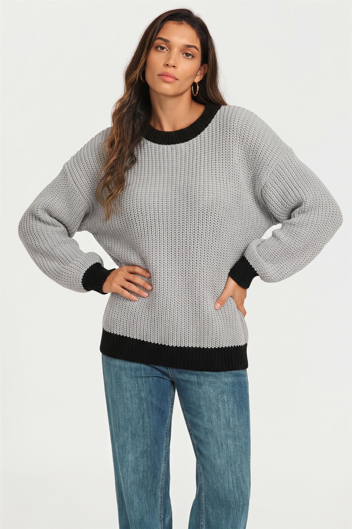 Black Neck Knit Jumper Top In Grey