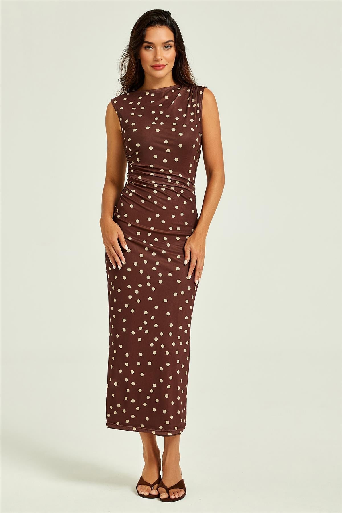 FS Collection Polka Dot Print Mesh Midi Dress In Brown