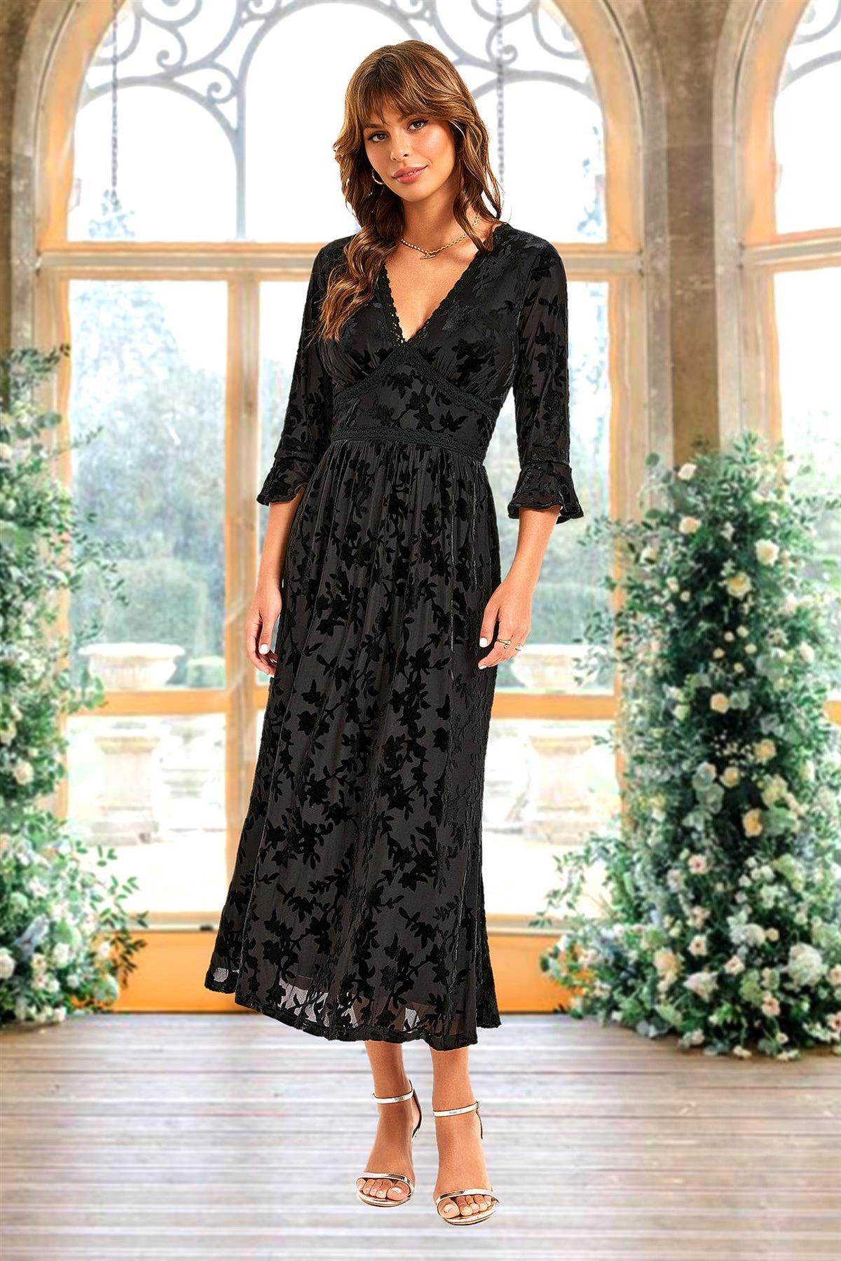 Floral Velvet Devore Lace Trim Neckline Midi Dress In Black