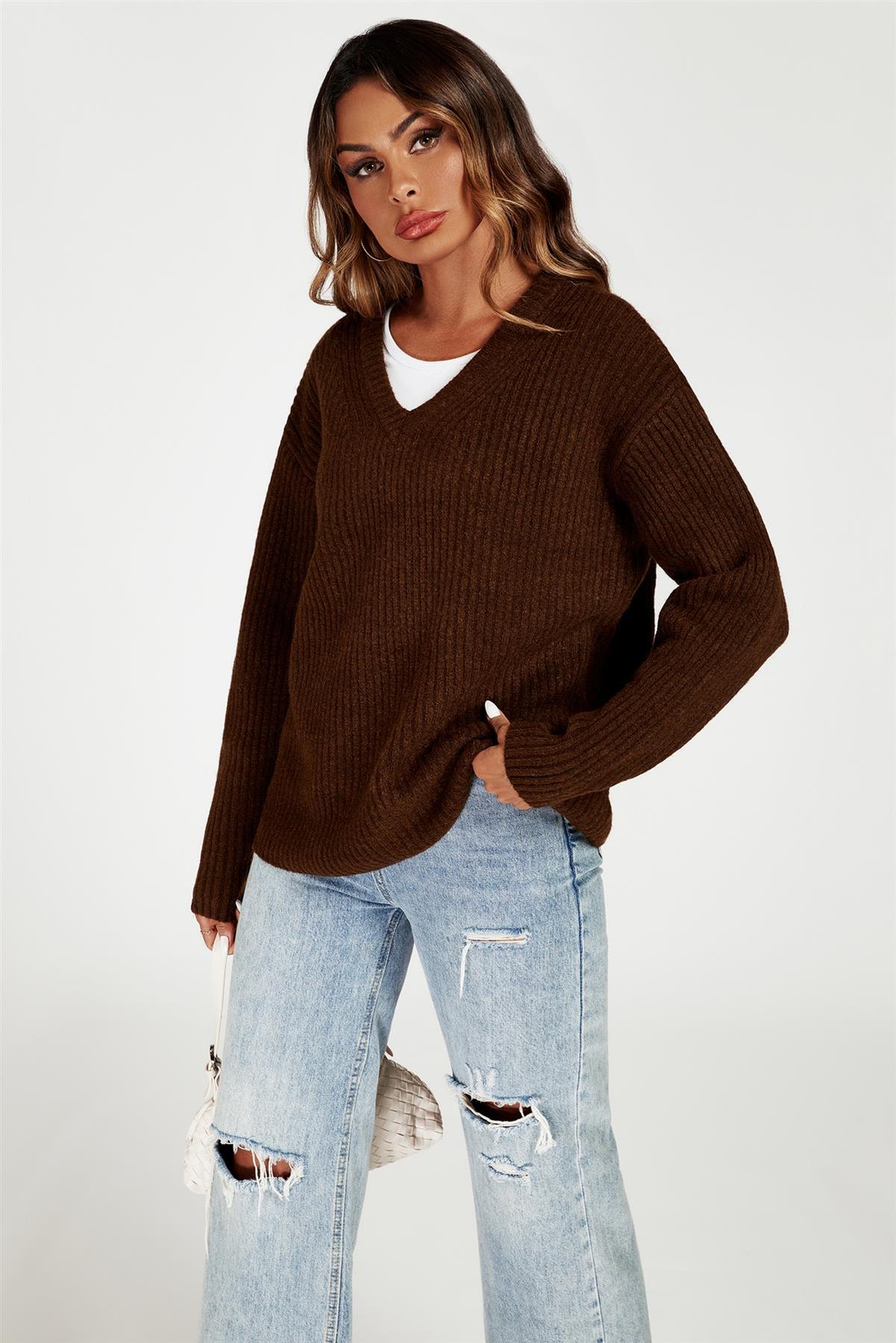 FS Collection V Neck Jumper Top In Brown
