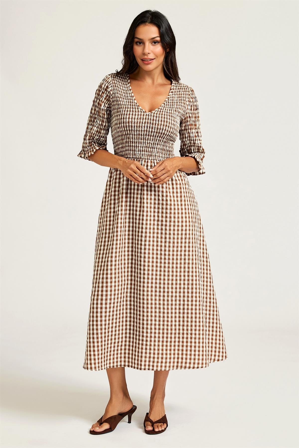 FS Collection Check Print V Neck Half Sleeve Midi Dress In Brown