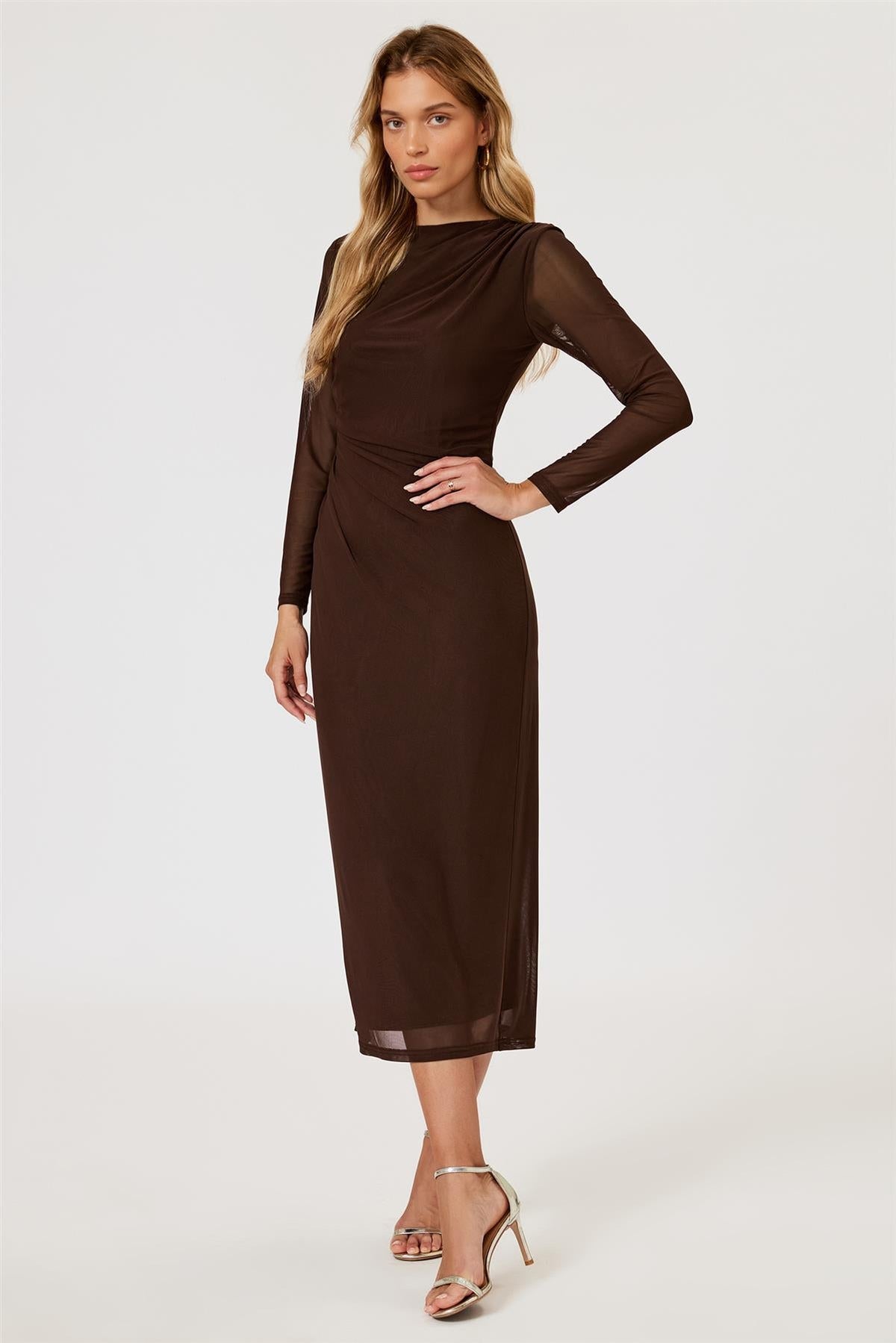 FS Collection Long Sleeved Mesh Brown Midi Dress