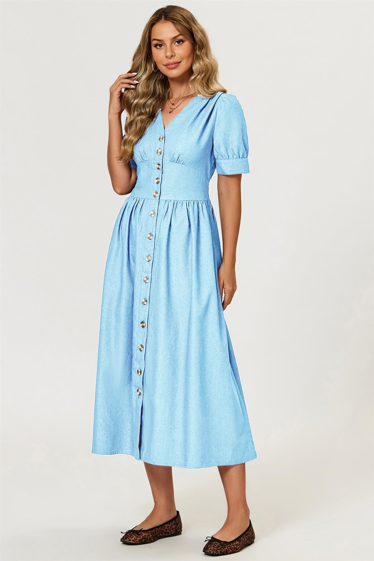 FS Collection Puff Sleeve Button Down Denim Midi Dress In Light Blue
