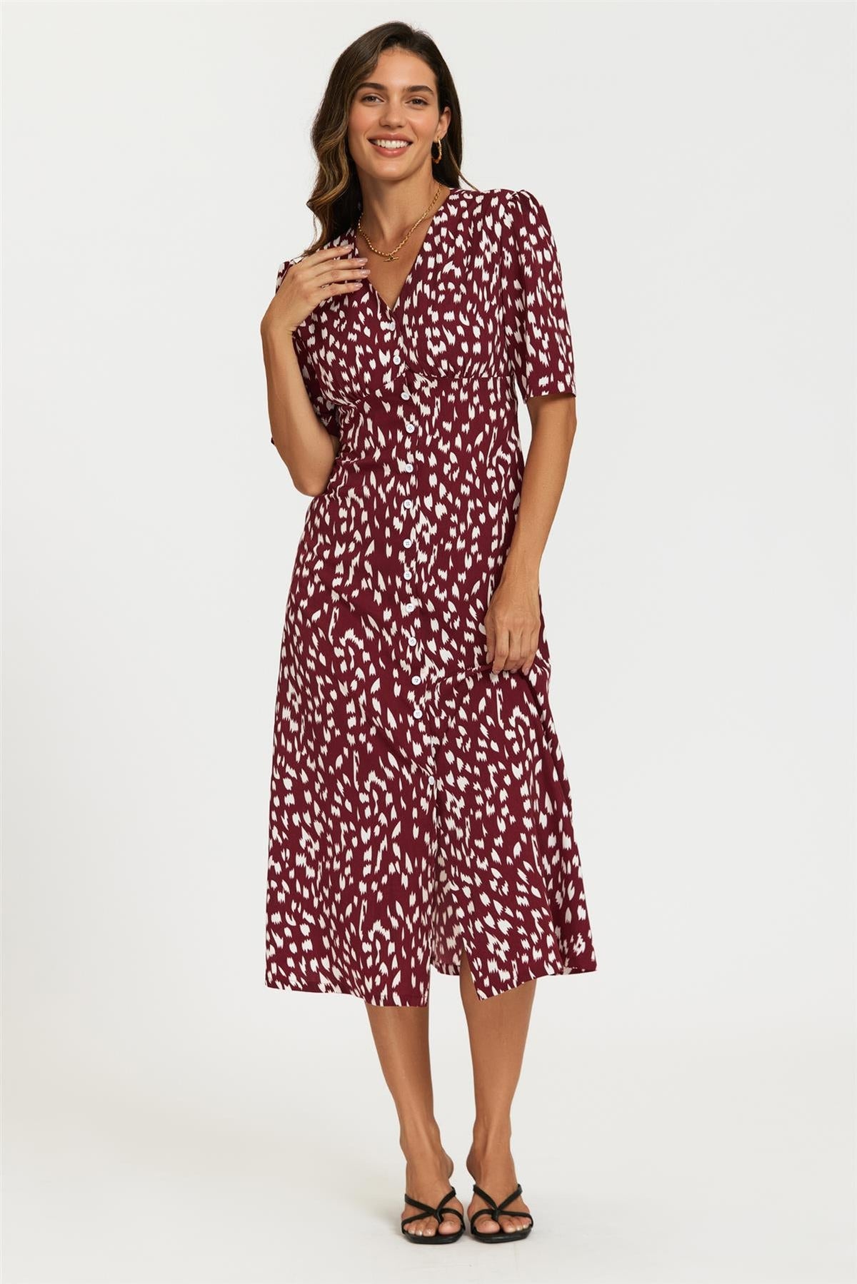 FS Collection Brushstroke Print Button Front Midi Dress In Burgundy