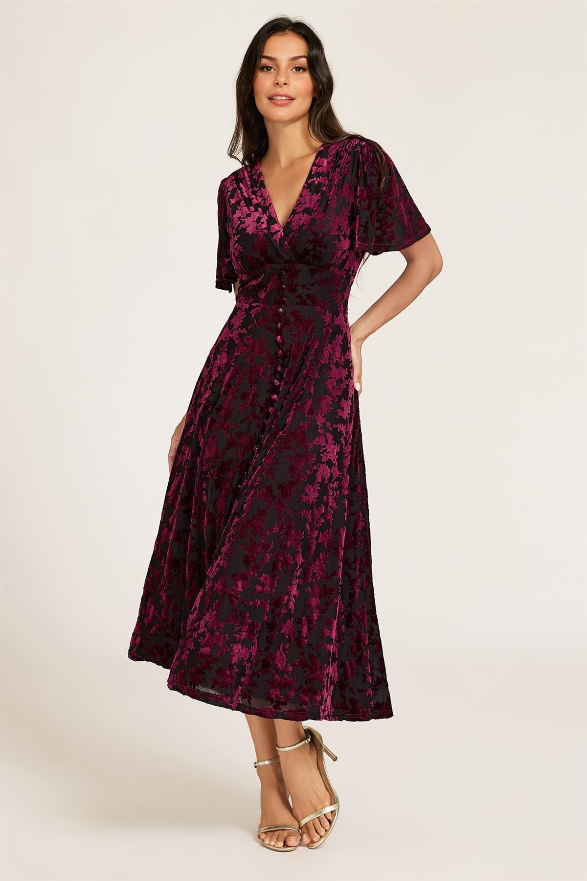 FS Collection Floral Velvet Devore V neckline Dress