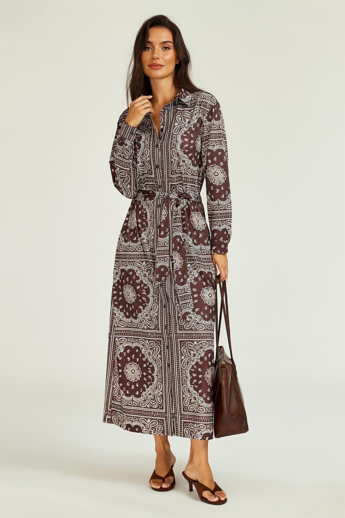 FS Collection Paisley Print Belted Jersey Midi Shirt Dress In Brown