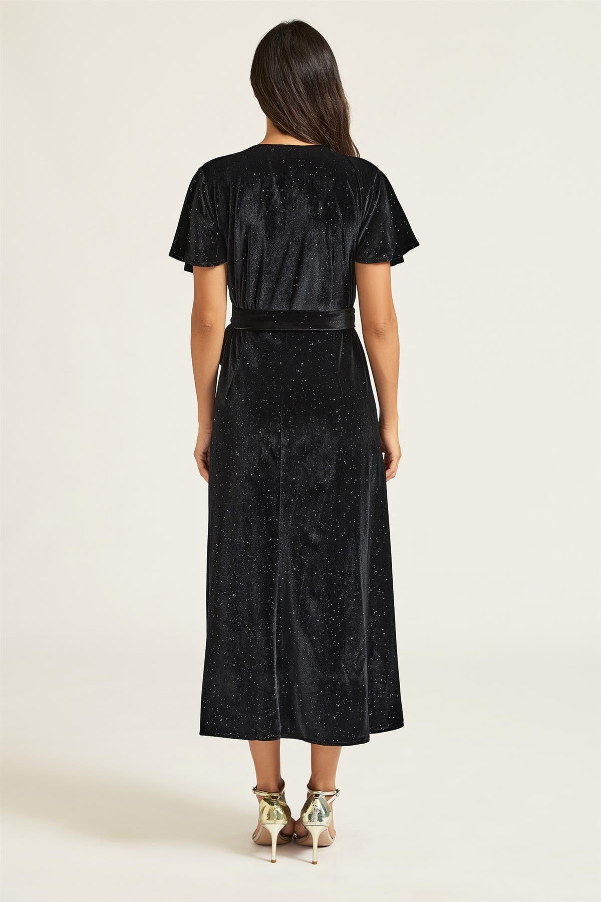 FS Collection Black Sparkly Star Night Velvet Wrap Midi Dress