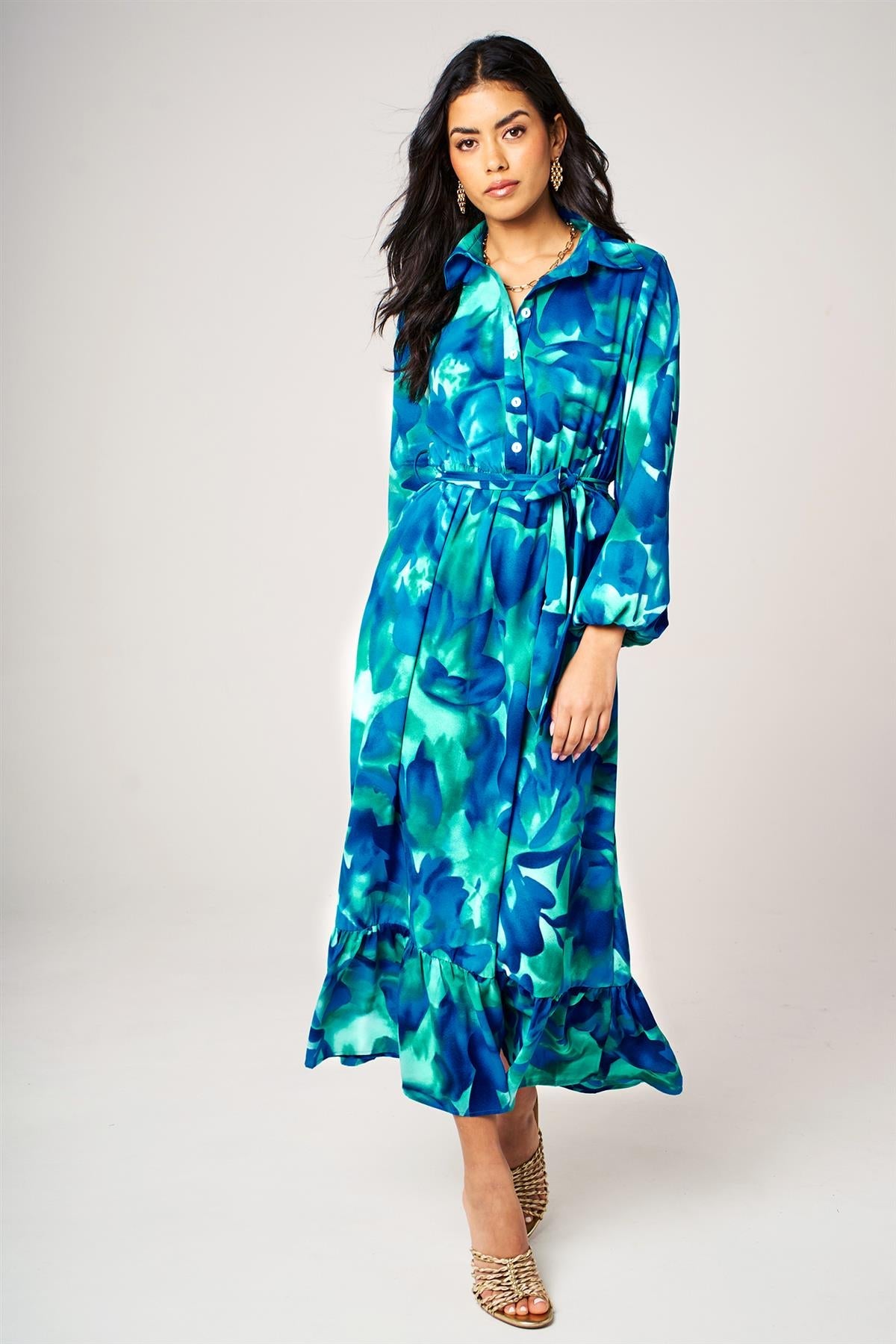 FS Collection Abstract Floral Print Hem Detail Shirt Midi Dress With Tie Waist In Blue