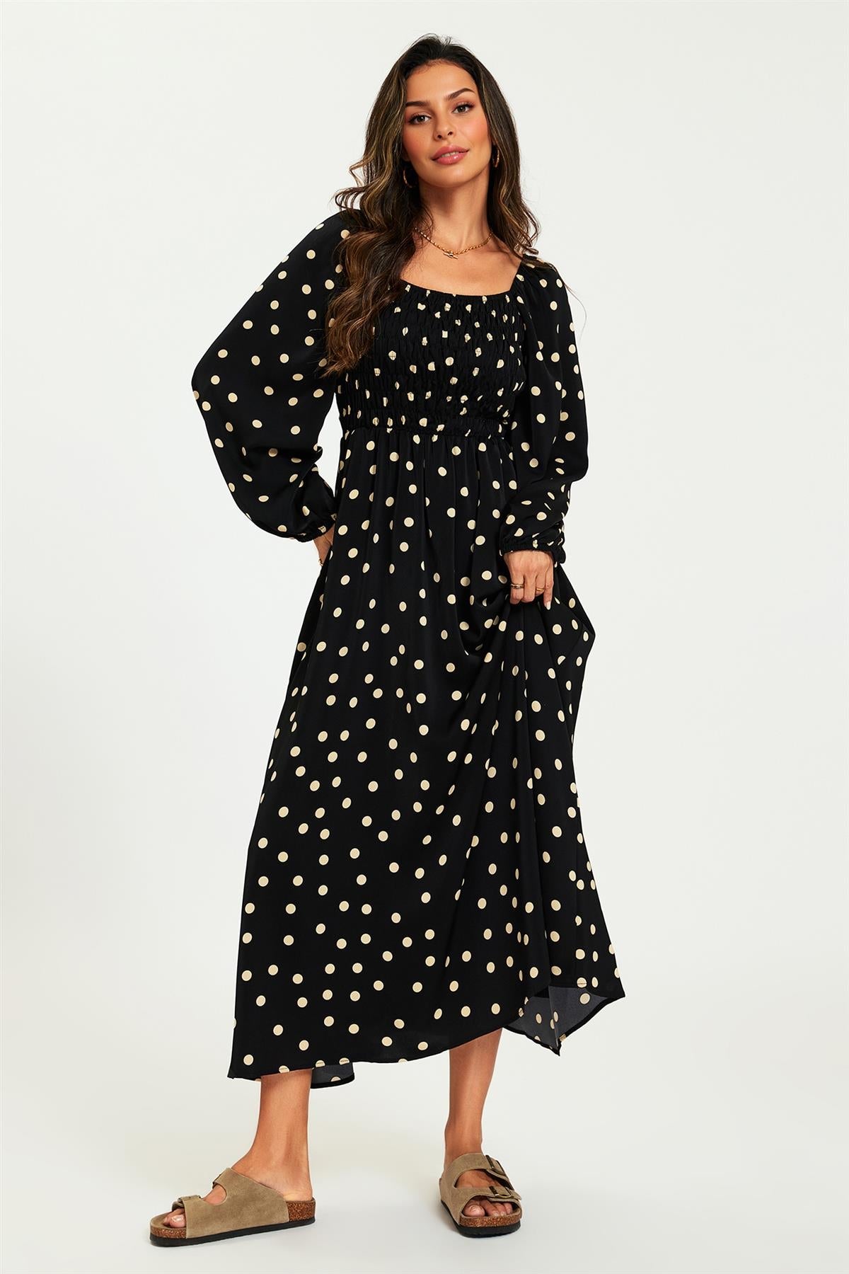 FS Collection Polka Dot Square Neck Maxi Dress In Black