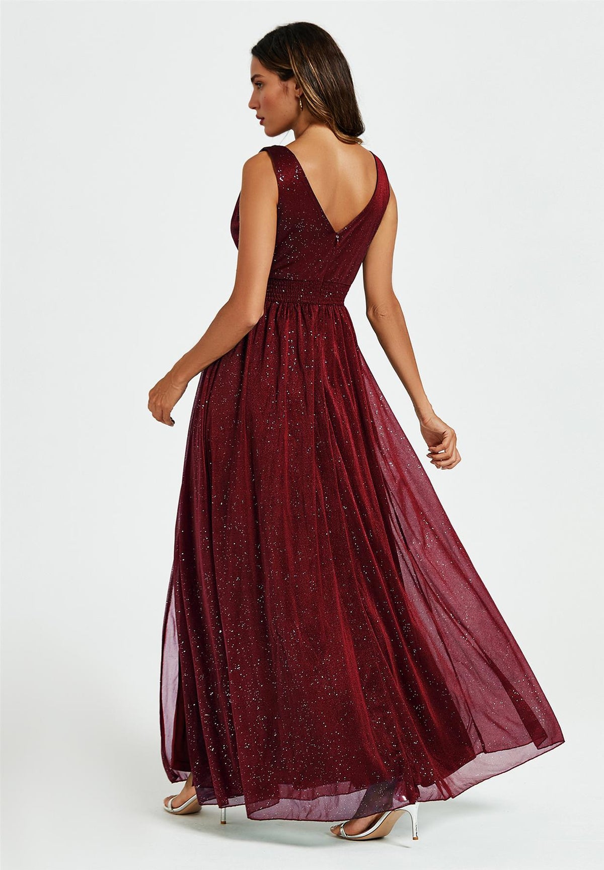 FS Collection Sparkly V Neck Burgundy Maxi Dress