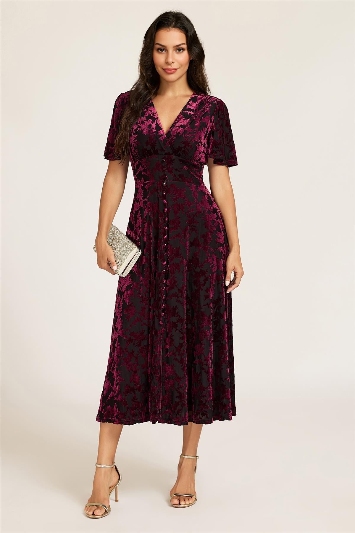 FS Collection Floral Velvet Devore V neckline Dress