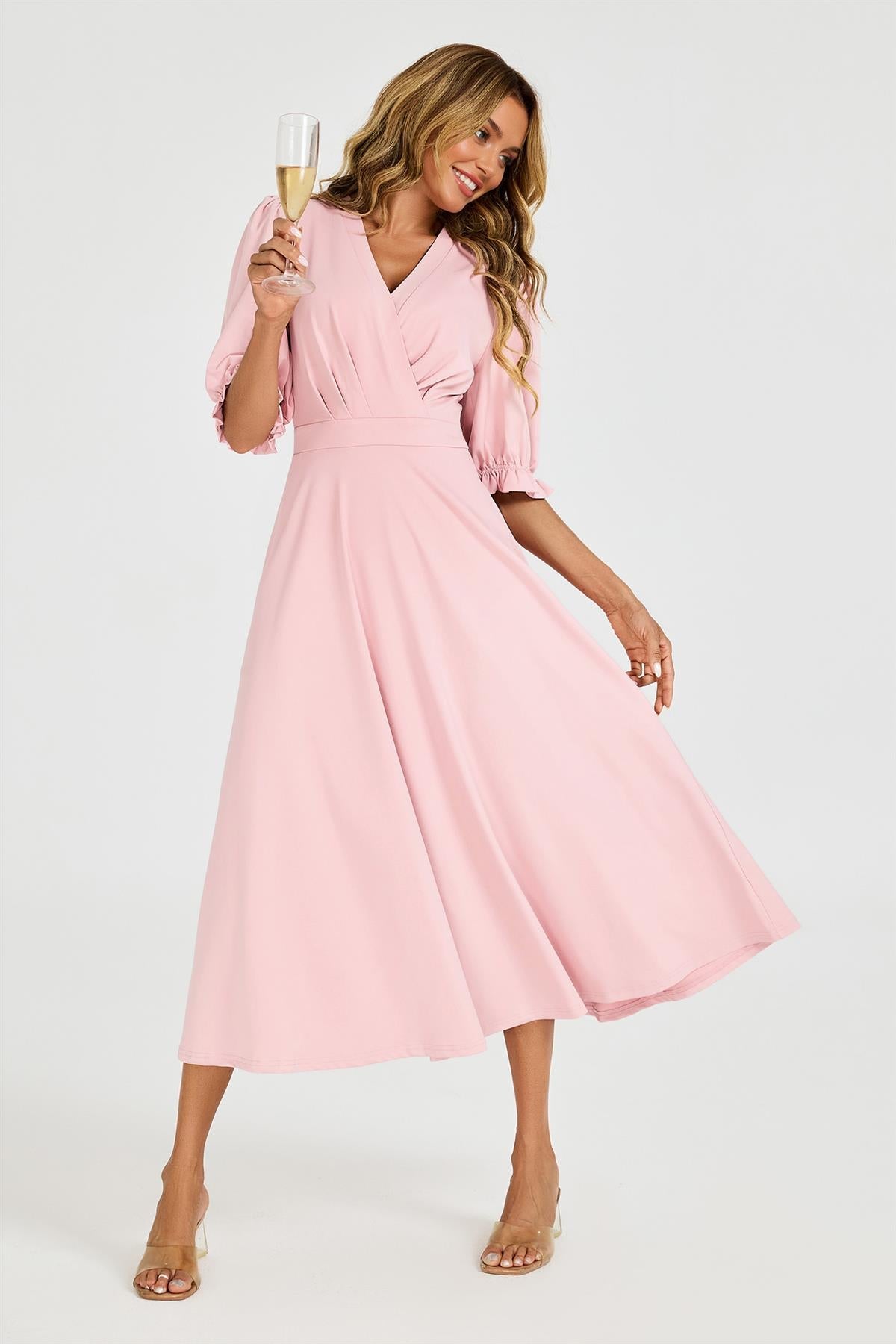 FS Collection Half Sleeves Jersey Midi Dress with Wrap Neckline In Dusty Blush