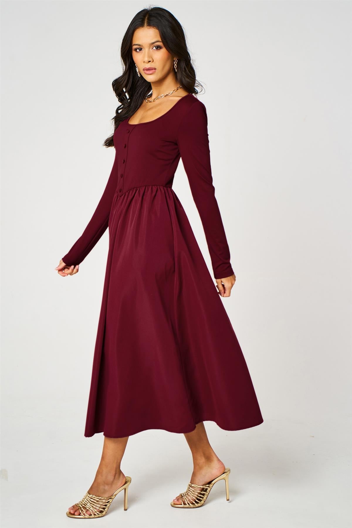 FS Collection Long Sleeve Button Detail Midi Dress In Wine