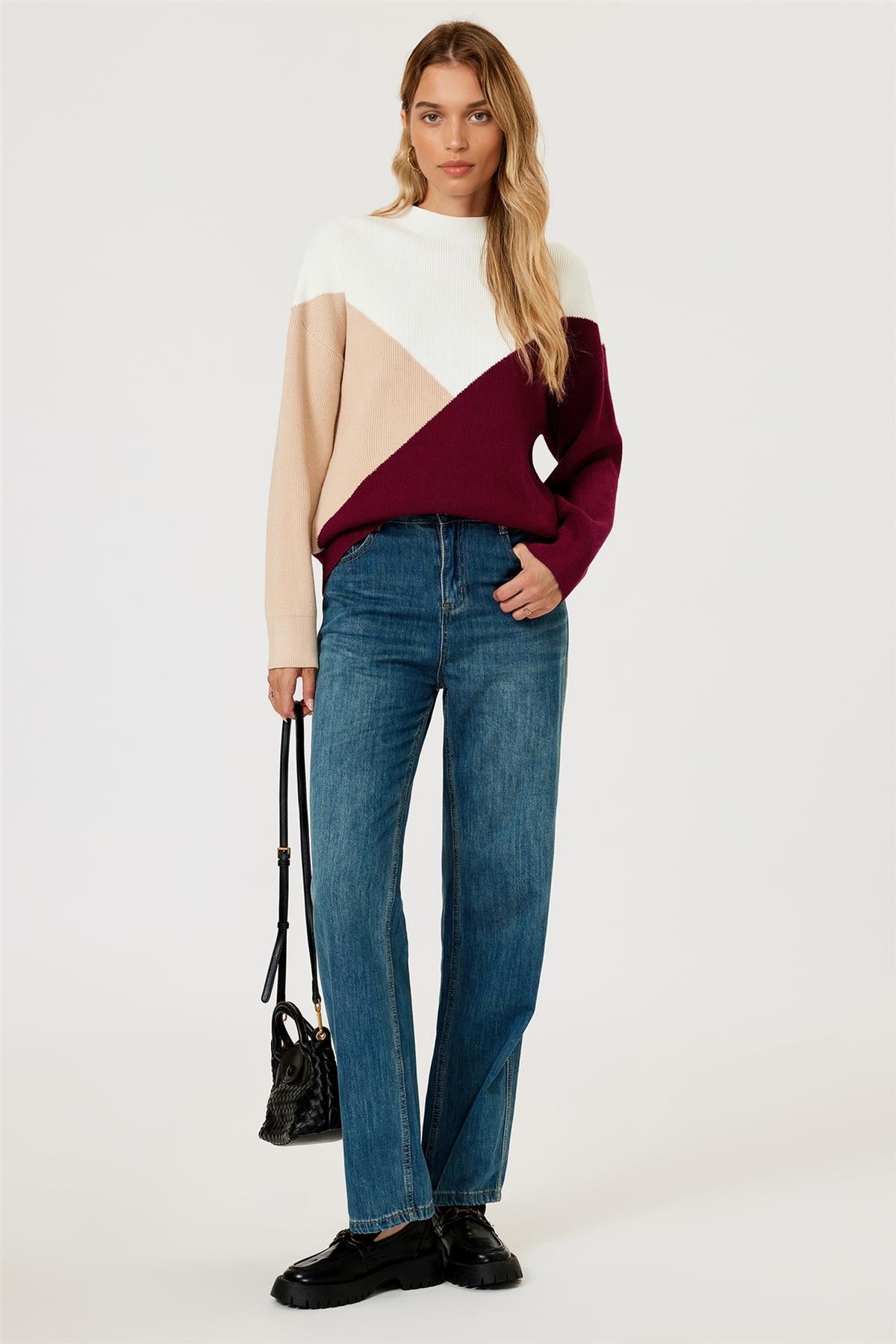 FS Collection Colour Block Jumper Top In Camel & Wine & White