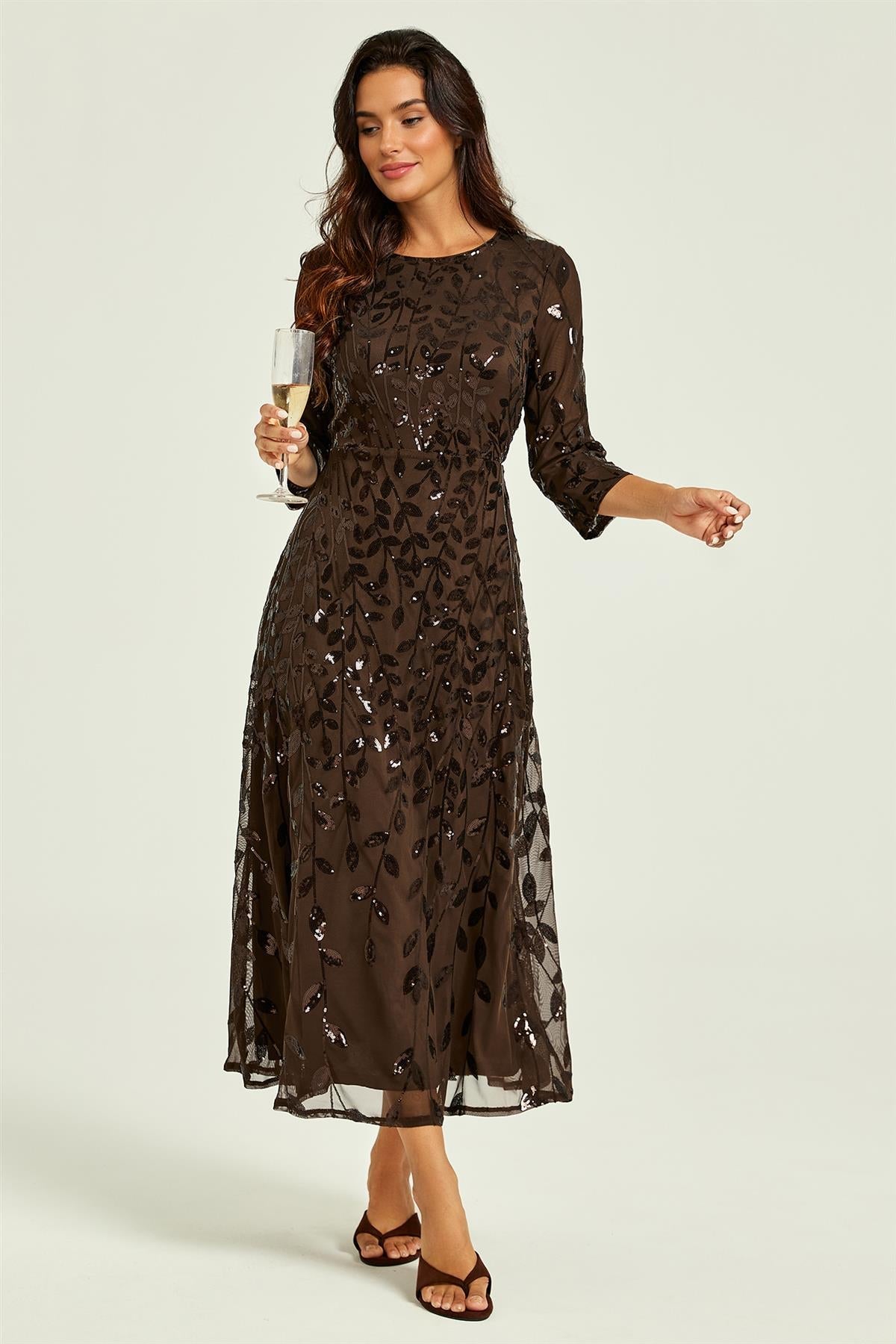 FS Collection Sequin Leaf 3/4 Sleeve Bridesmaid Midi Dress In Brown