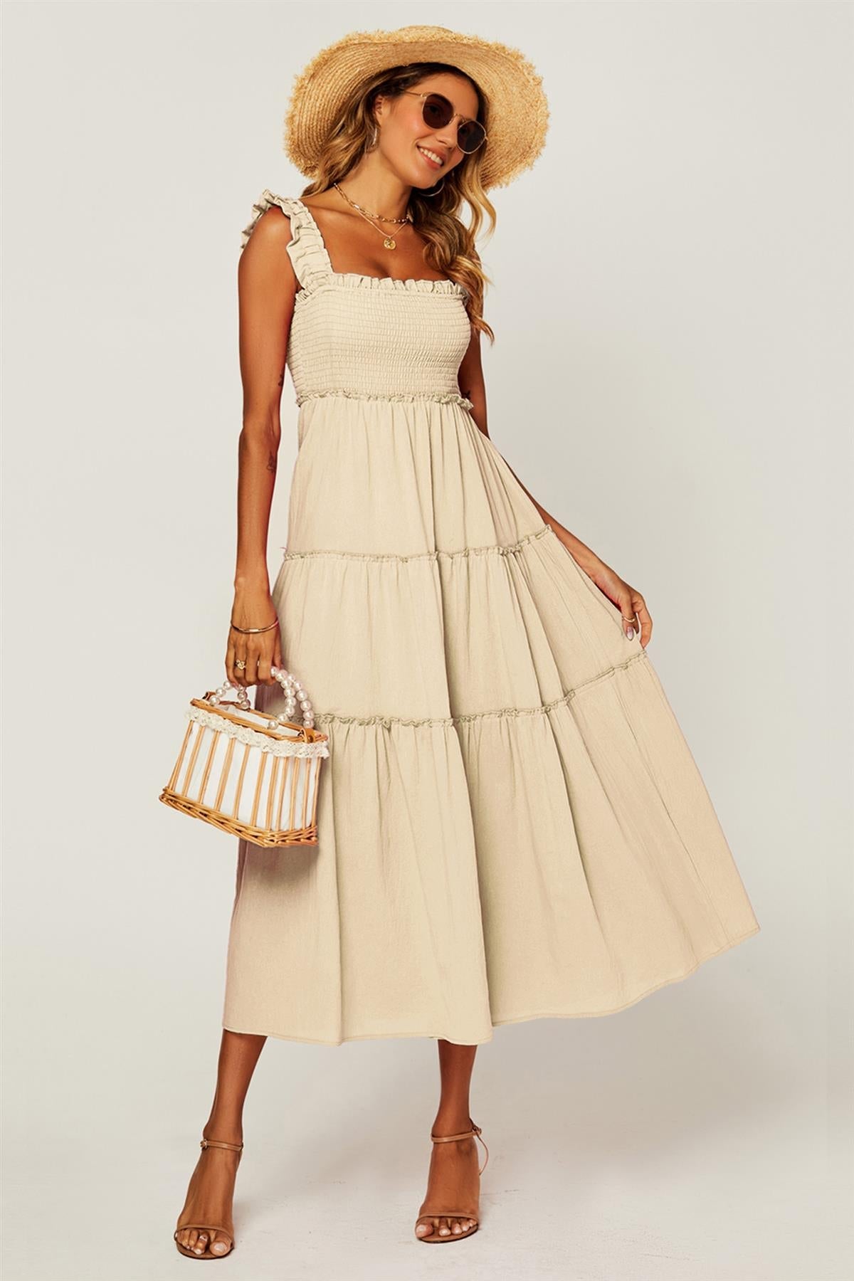 FS Collection Hem Detail Tiered Maxi Dress In Off White