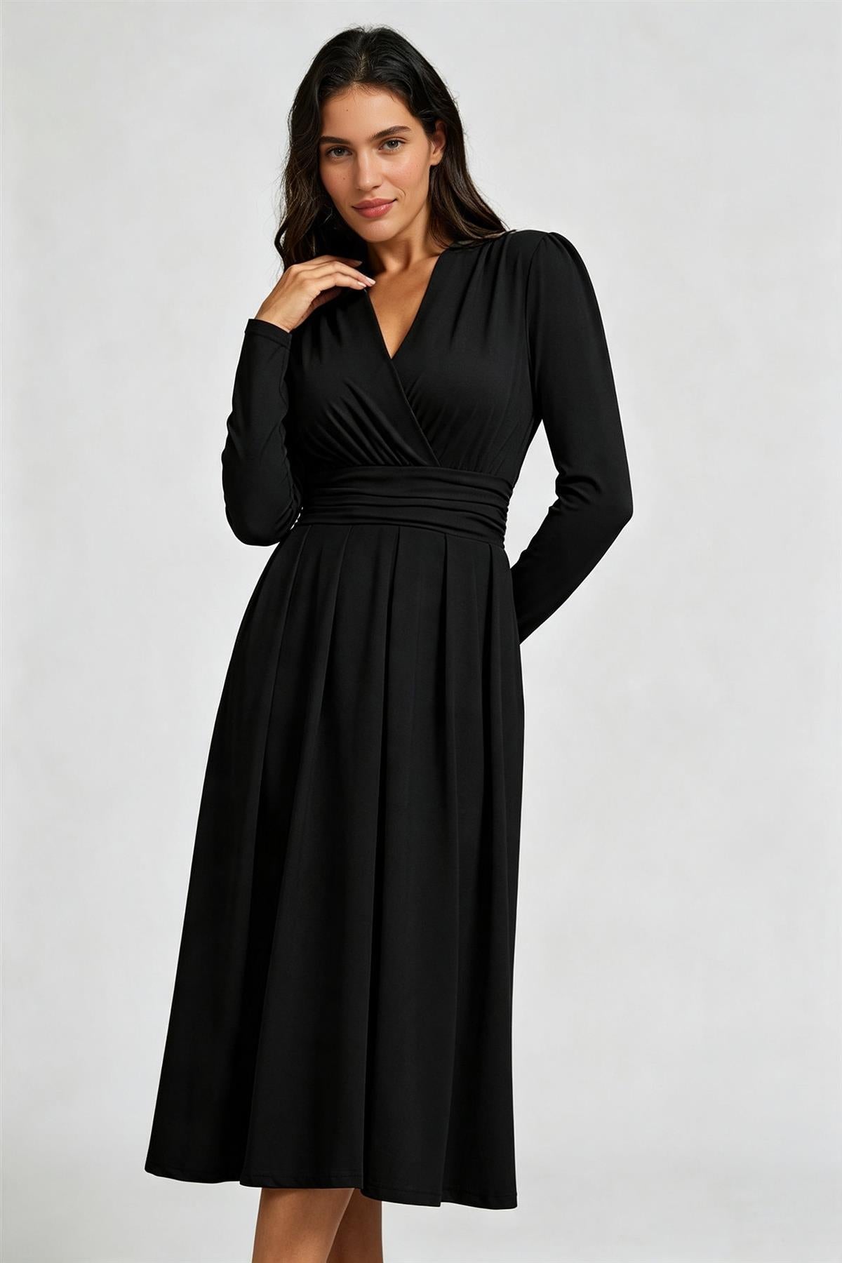 FS Collection Black Jersey Long Sleeve Midi Dress
