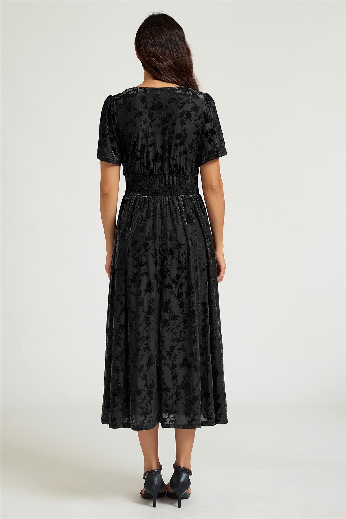 FS Collection Black Velvet Burnout V-Neck Angel Sleeve Midi Dress