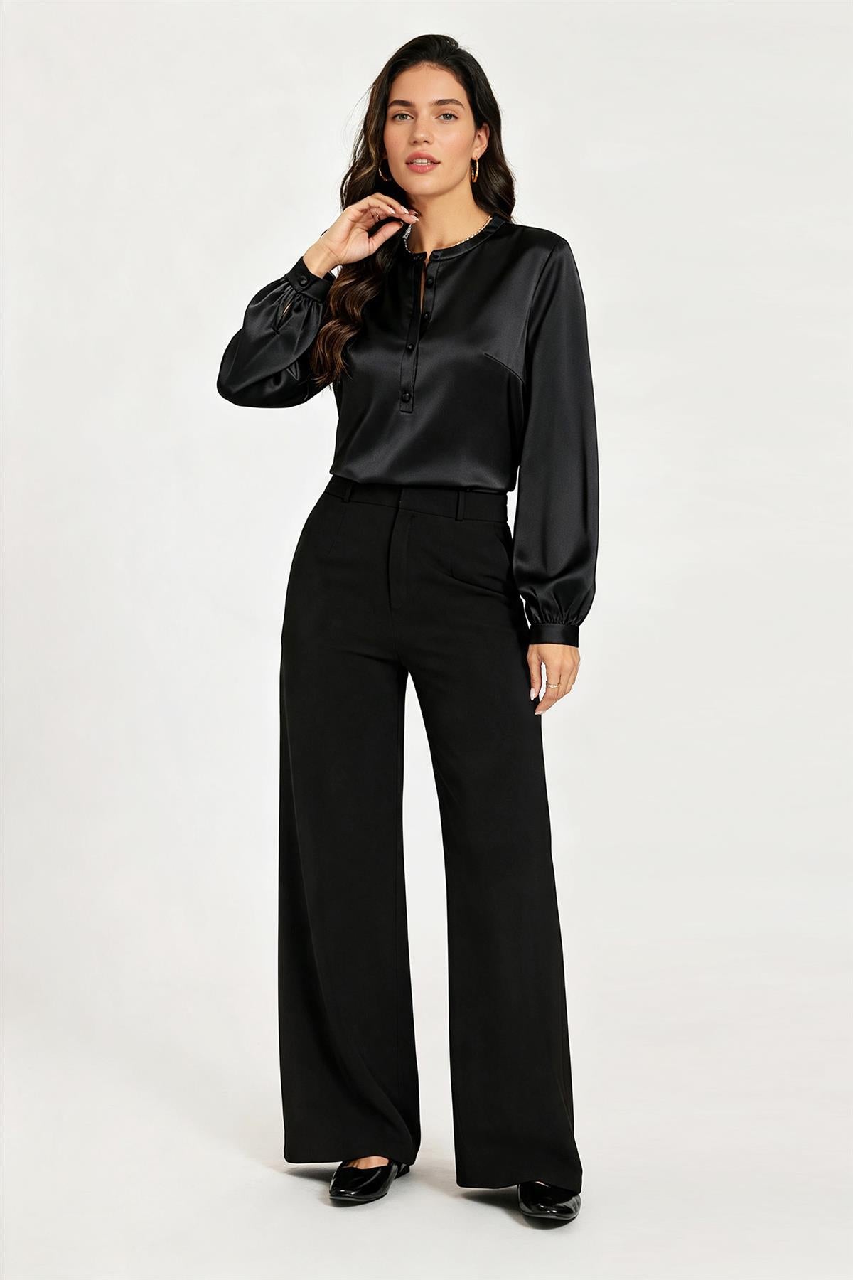 Long Sleeve Satin Blouse Top In Black