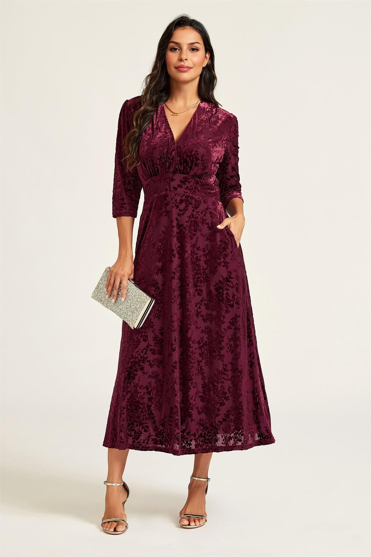 FS Collection Velvet Flock Wrap Neck 3/4 Sleeve Midi Dress In Wine