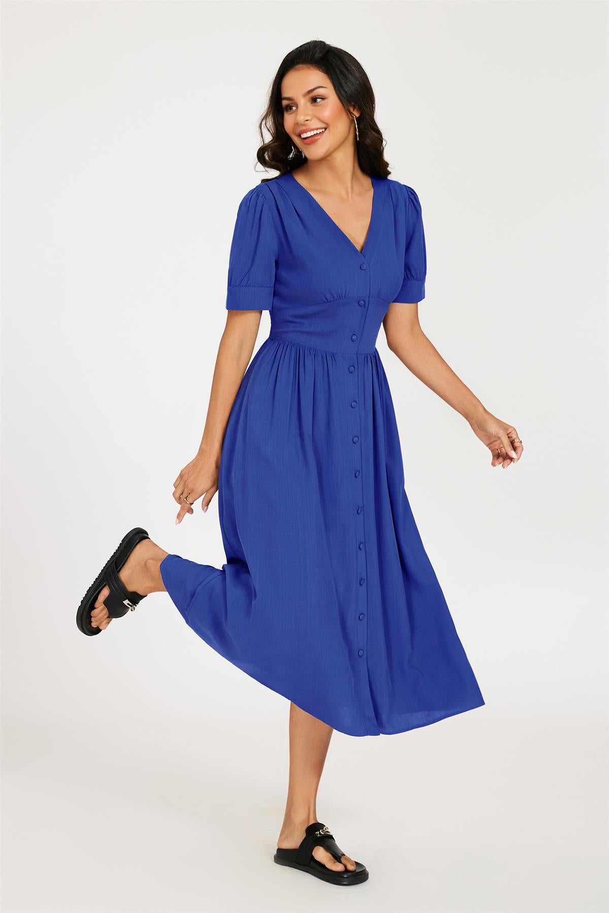 FS Collection Button Front Short Sleeve Midi Dress In Blue