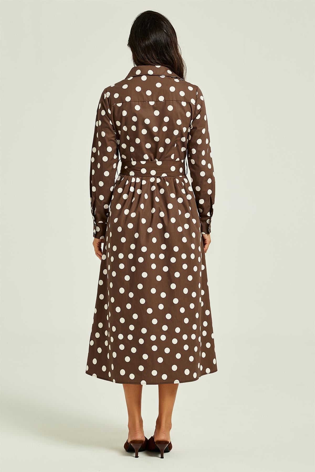 FS Collection Brown Dot Print Long Sleeve Midi Shirt Dress