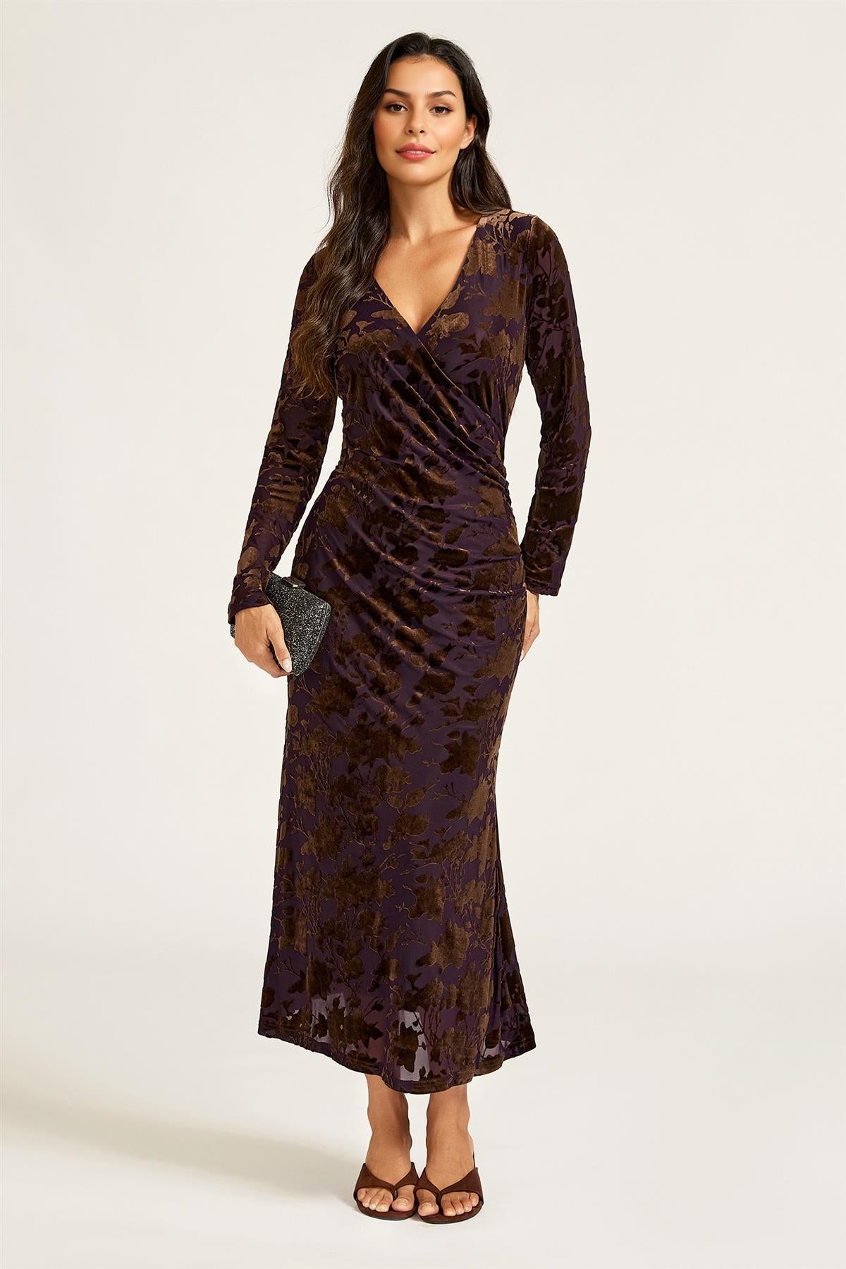 FS Collection Floral Velvet Brown Devore Long Sleeve Wrap Midi Dress